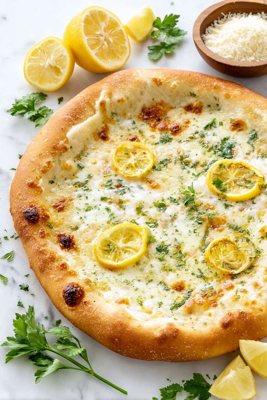 Lemon Mozzarella Pizza, lemon mozzarella pizza recipe, fresh citrus pizza, easy lemon pizza, homemade lemon cheese pizza - A slice of pizza is shown held by a woman's hand, with a thick golden brown crust that looks crispy on the edges. The pizza has three clear layers: the bottom is a light golden baked crust, the middle is a melted white cheese layer, and the top is decorated with a thin transparent yellow lemon slice, small green herb pieces, and tiny red flakes. In the background, more pizza slices are arranged on a white marbled surface with some green garnish scattered around and a glass of water with ice cubes visible. The whole scene is bright and fresh, capturing the texture of the pizza and the lemon slice well photo taken with an iphone --ar 2:3 --v 7