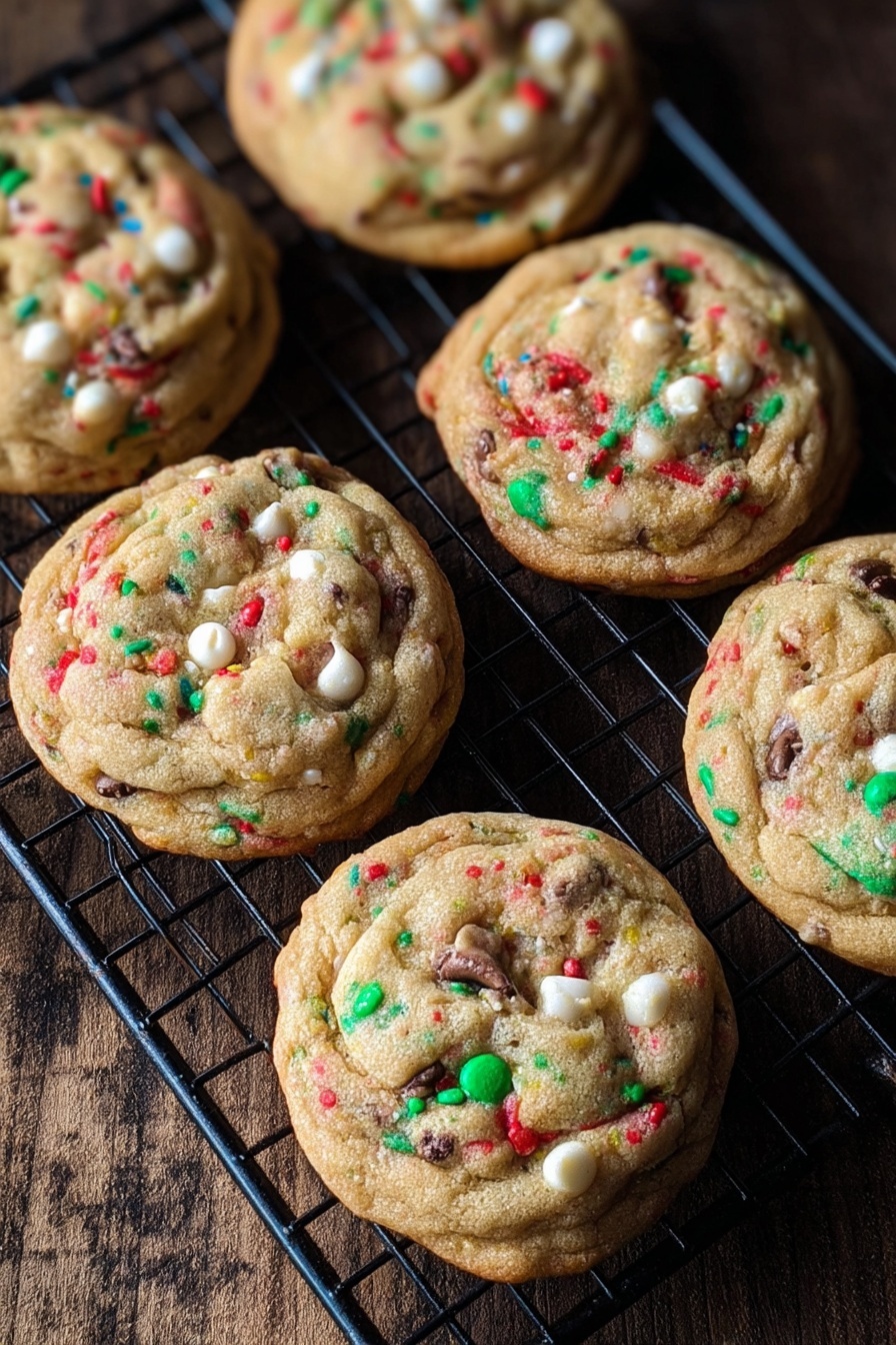 Christmas Chocolate Chip Cookies, festive holiday cookies, easy Christmas treats, homemade holiday cookies, Christmas baking ideas - The image shows seven round cookies cooling on a black wire rack. Each cookie has a thick, soft texture with little ridges and bumps on the surface. The cookies are a light brown color with many colorful red, green, and blue sprinkles mixed inside, along with small white and dark brown chocolate chips spread evenly throughout. The wire rack sits on a wooden surface, creating a warm and cozy feeling. The cookies look freshly baked with slightly golden edges and a slightly shiny top. photo taken with an iphone --ar 2:3 --v 7
