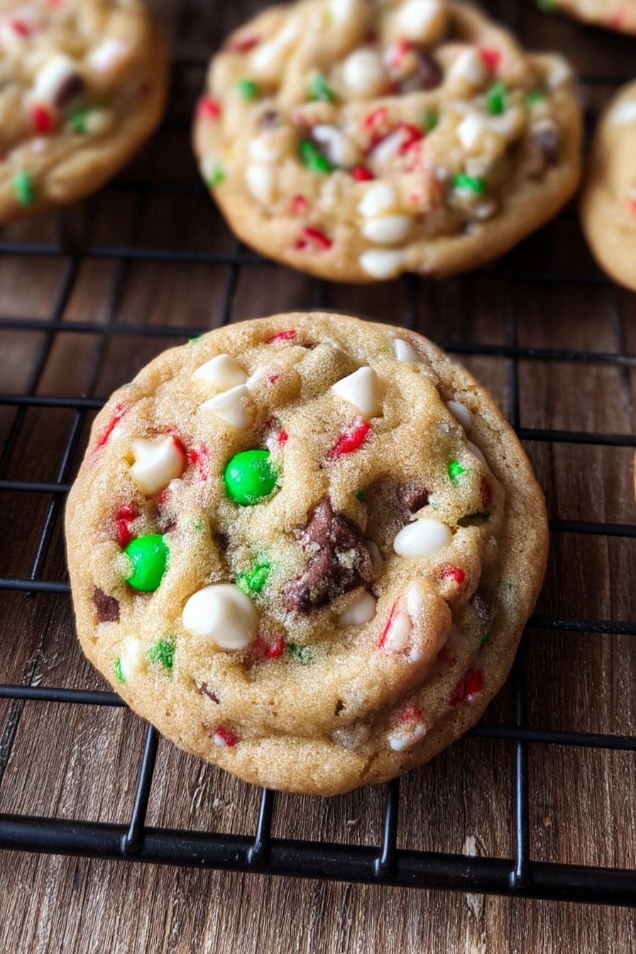 Christmas Chocolate Chip Cookies, festive holiday cookies, easy Christmas treats, homemade holiday cookies, Christmas baking ideas - The image shows a close-up of a single soft cookie on a black wire cooling rack over a wooden surface. The cookie has a slightly bumpy texture with visible small red and green candy pieces and white and dark chocolate chips spread throughout the light brown dough. The cookie looks thick and round with rough edges, and there are more similar cookies partially visible around it. The overall look is colorful with a mix of smooth and chunky textures. Photo taken with an iphone --ar 2:3 --v 7