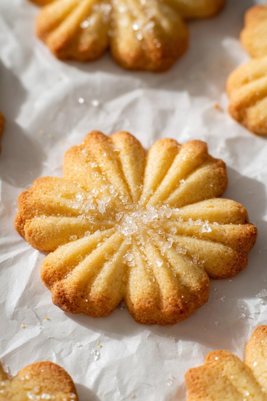Melt-in-Your-Mouth Danish Butter Cookies, Danish Butter Cookies, Buttery Cookies Recipe, Holiday Cookies, Easy Butter Cookies - A round white container filled with five light golden cookies, each placed in white paper cups. The cookies have different shapes and textures: one is a heart with two holes and sugar crystals on top, two have soft swirling patterns with sugar crystals, and two have star-like ridged patterns. Around the container are more cookies in white paper cups and a small bowl holding coarse sugar. A green cloth and a ribbon with red stripes are near the container on a white marbled surface. photo taken with an iphone --ar 2:3 --v 7