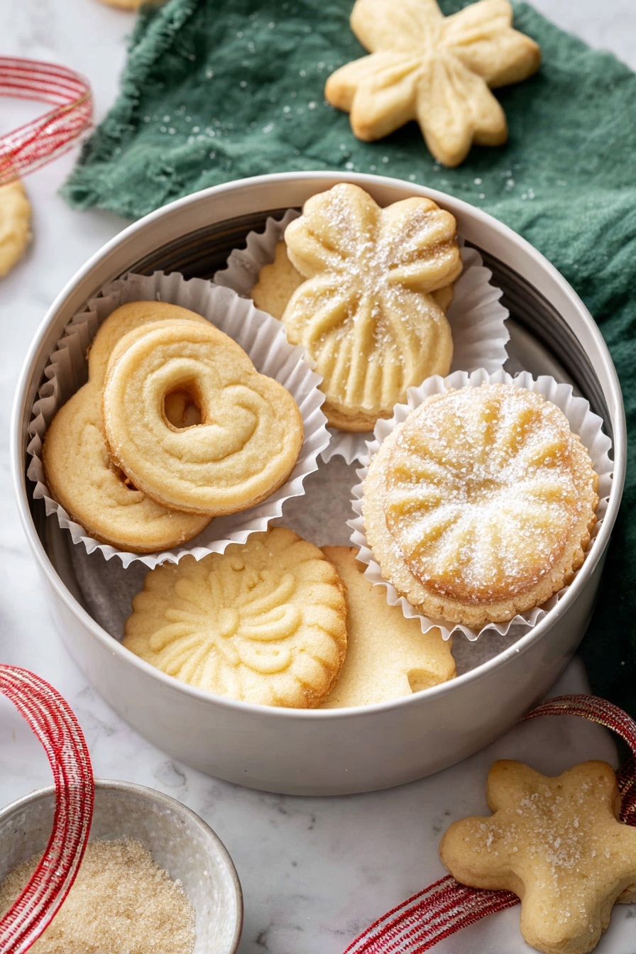 Melt-in-Your-Mouth Danish Butter Cookies, Danish Butter Cookies, Buttery Cookies Recipe, Holiday Cookies, Easy Butter Cookies - The image shows a close-up of a single golden-brown cookie shaped like a flower with eight rounded petals, each petal having ridged textures that add dimension. The cookie's surface is dusted with large sparkling sugar crystals that catch the light, adding a crunchy look. The edges of the cookie are slightly darker, showing where it was baked to a perfect crisp. Around the main cookie, a few more similar cookies are visible but softly out of focus. All the cookies rest on crinkled white parchment paper that adds a soft, textured background. The overall tone is warm and inviting, highlighting the delicate flower shape and sugary details. photo taken with an iphone --ar 2:3 --v 7