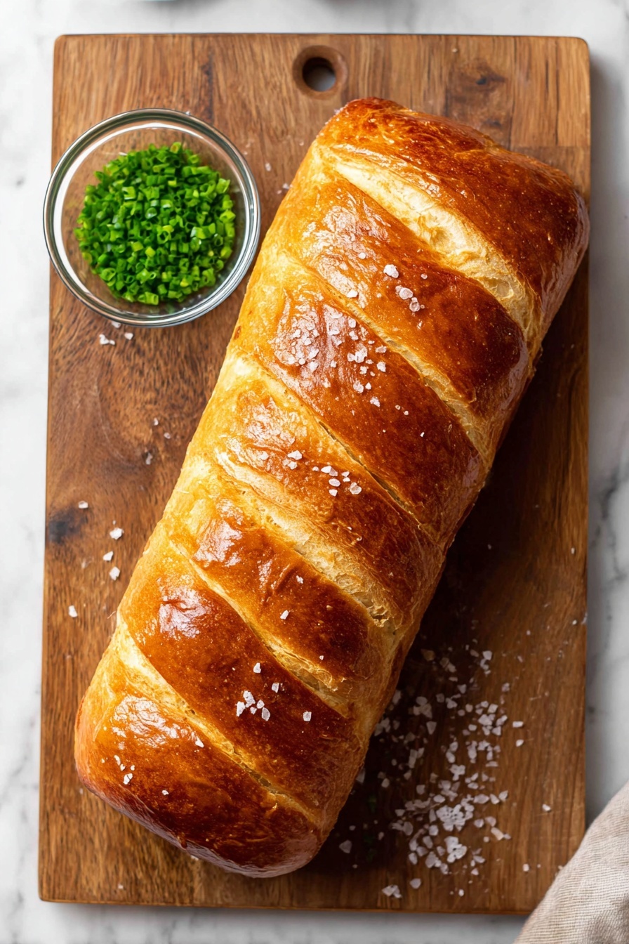 Beef Wellington, Beef Wellington with Mushrooms, Puff Pastry Beef Wellington, Classic British Beef Wellington, Elegant Beef Dinner - A loaf of golden brown bread with a shiny crust sits in the center of a wooden board, showing five diagonal cuts on top that reveal a lighter dough inside. Coarse salt crystals are sprinkled over the bread and the board, adding texture and sparkle. Near the top left corner of the board, there is a small clear round bowl filled with chopped green chives, providing a fresh contrast in color. The wooden board rests on a white marbled surface, enhancing the warm and natural feel of the scene. photo taken with an iphone --ar 2:3 --v 7
