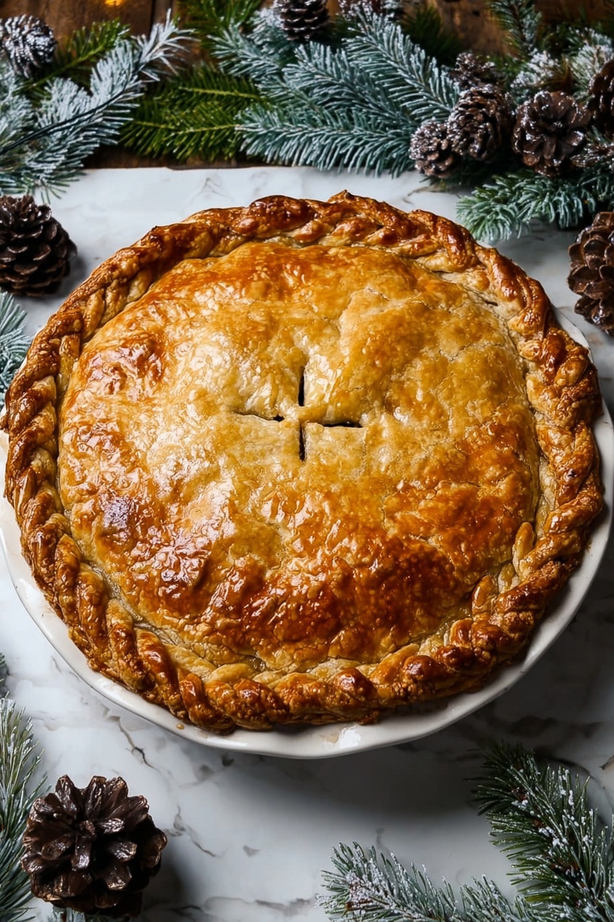 Creamy Potato Bacon Pie, comfort food recipes, cheesy potato pie, bacon potato casserole, homemade savory pie - A golden brown pie with a shiny, flaky top crust that is slightly cracked and has a braided edge sits on a white plate. The top crust has a few small slits in the center for steam to escape. The pie looks thick and well-baked, surrounded by pine cones and frosted evergreen branches on a white marbled surface. The scene gives a cozy, festive feeling. photo taken with an iphone --ar 2:3 --v 7