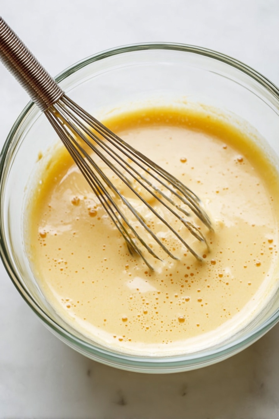 Authentic Italian Zabaglione, Italian Zabaglione Dessert, How to Make Zabaglione, Classic Italian Custard, Italian Desserts - A clear glass bowl filled with light yellow, creamy batter that has small air bubbles on its surface, showing a smooth and slightly thick texture. Inside the bowl, a metal whisk with thin wires is partially dipped into the batter with some batter coating the wires. The bowl sits on a white marbled surface, creating a clean and bright background. Photo taken with an iphone --ar 2:3 --v 7