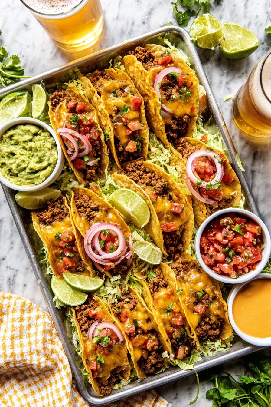 Baked Crispy Beef Tacos, crispy beef tacos, baked taco shells, easy beef taco recipe, healthy taco ideas - A metal tray filled with ten soft golden tortillas folded in half, each filled with browned ground meat mixed with melted cheese and topped with small pieces of red tomato and green herbs, all resting on a bed of shredded pale green lettuce. Thin slices of bright pink pickled onions and lime wedges are placed on top and around the tray. On the side are three small white bowls: one with smooth green guacamole, one with red and white tomato salsa, and one with a creamy orange sauce. The tray sits on a white marbled surface with a glass of beer and some fresh green cilantro nearby. A white and yellow checkered cloth partly covers the bottom right corner. photo taken with an iphone --ar 2:3 --v 7