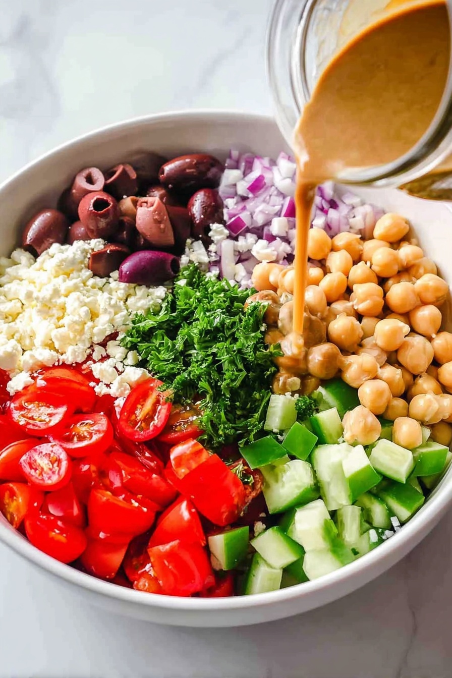 Quick Mediterranean Chickpea Salad, healthy Mediterranean chickpea salad, easy chickpea salad recipe, quick vegetarian salad, flavorful chickpea salad - A white bowl holds seven distinct layers arranged in a circle on a white marbled surface. Starting from the left, there are bright red, halved cherry tomatoes, next to a pile of small, crumbly white cheese pieces. Moving clockwise, a section of dark purple sliced olives sits beside chopped fresh green parsley in the center. Next to the parsley are cubes of light green cucumber and bright red diced bell peppers. Opposite the tomatoes, tan chickpeas form a rounded cluster. A woman's hand pours a smooth, light brown dressing from a jar over the ingredients, adding a glossy shine to the mix. photo taken with an iphone --ar 2:3 --v 7