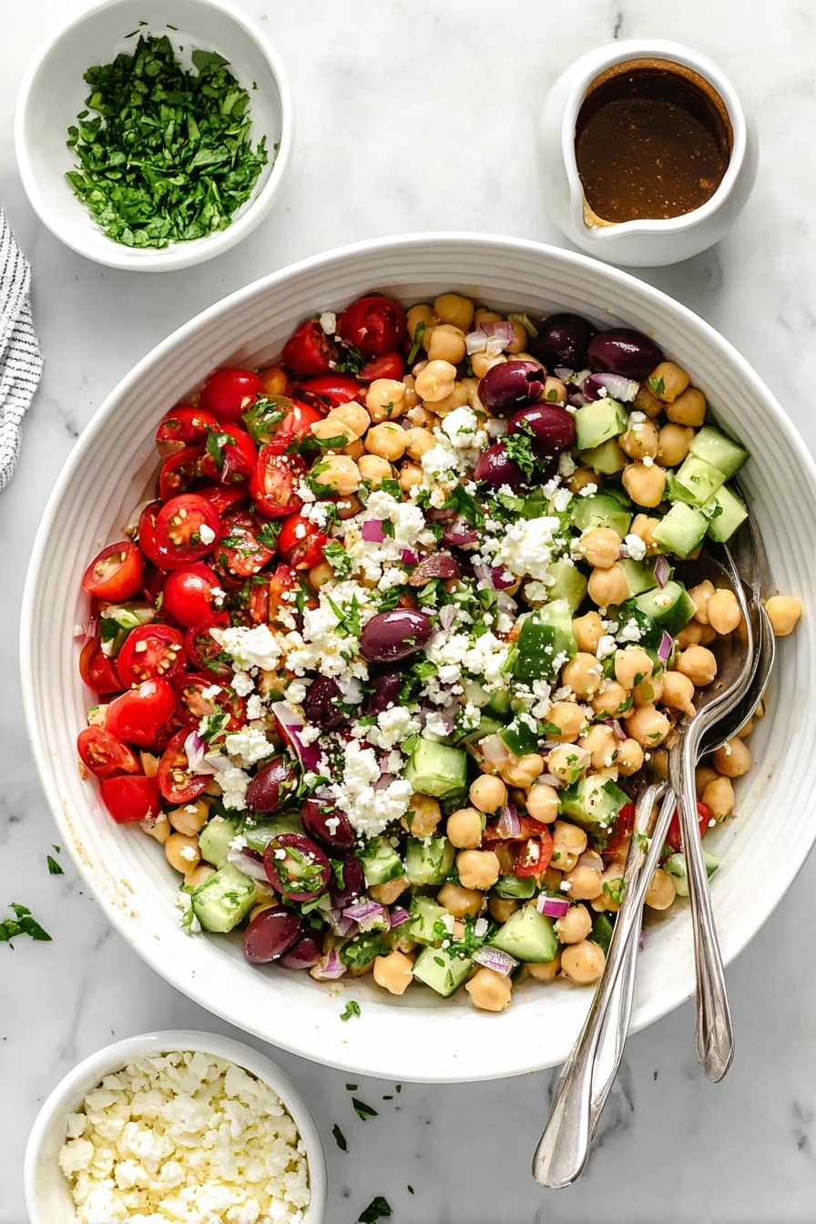 Quick Mediterranean Chickpea Salad, healthy Mediterranean chickpea salad, easy chickpea salad recipe, quick vegetarian salad, flavorful chickpea salad - A large white bowl filled with a colorful chickpea salad, showing three main layers: the bottom layer is beige chickpeas, the middle layer includes bright red cherry tomatoes cut in half, dark purple olives, and small cubes of green cucumber, and the top layer has sprinkled white crumbled cheese and chopped green herbs. Two silver spoons rest inside the bowl, partially submerged in the salad. Around the bowl are three small white bowls, one filled with chopped green herbs and another with white crumbled cheese, sitting on a white marbled surface. A small white container with dark brown dressing is also on the surface near the salad. photo taken with an iphone --ar 2:3 --v 7