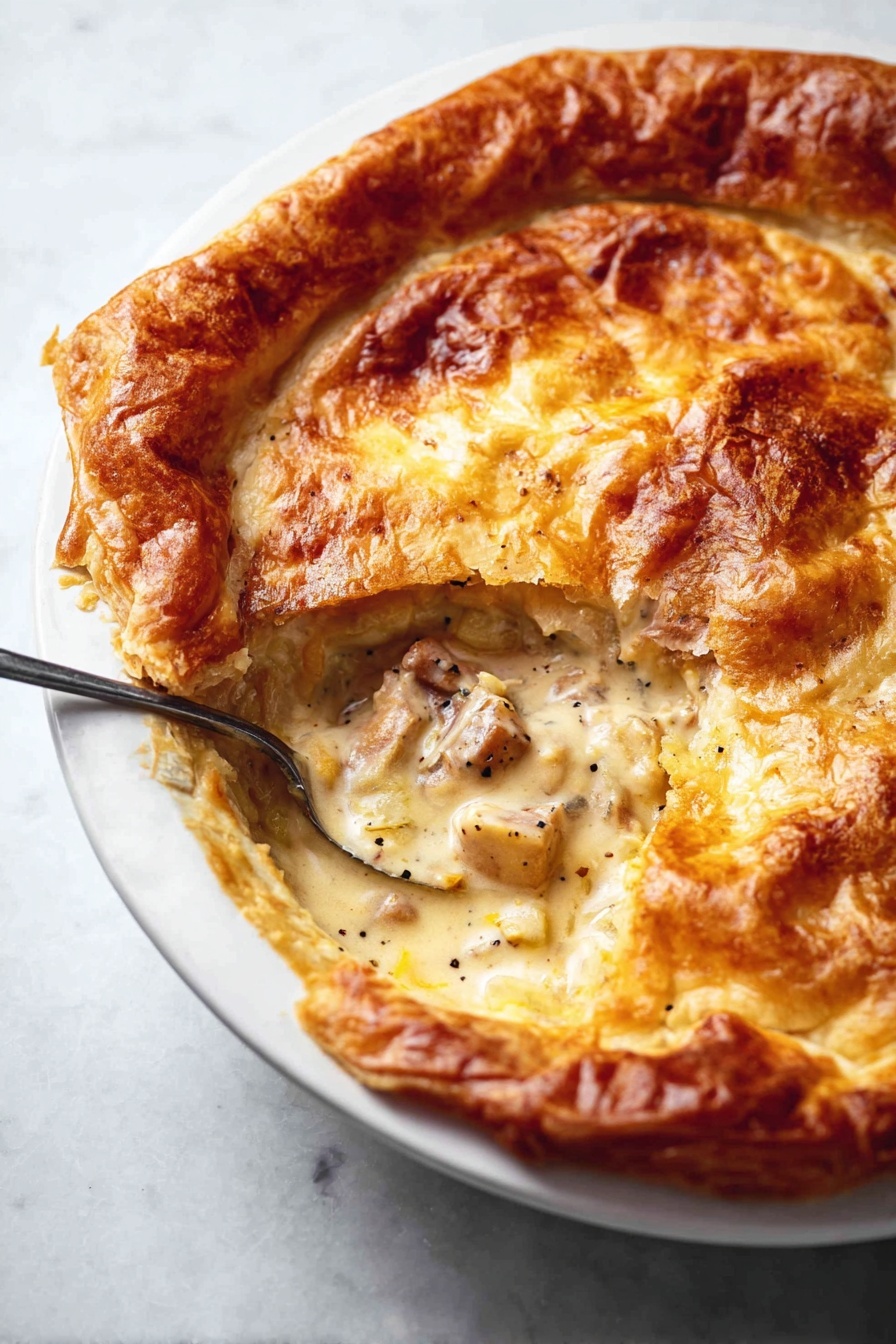 Chicken Mushroom Puff Pastry Pie, savory puff pastry dishes, creamy chicken and mushroom pie, easy dinner recipes with puff pastry, comforting chicken pastry bake - A white pie dish sits on a white marbled surface holding a golden brown pie with a thick, crispy crust that is puffed and uneven around the edges, showing a deep amber color from baking. One section of the crust has been lifted slightly by a spoon, revealing a creamy filling with chunks of light brown and beige ingredients, some speckled with black pepper. The filling appears smooth and rich, contrasting with the flaky texture of the crust above. photo taken with an iphone --ar 2:3 --v 7