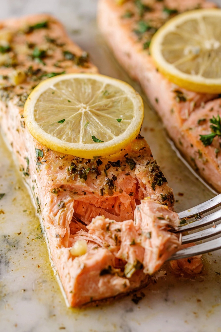 Oven-Baked Lemon Herb Salmon, lemon herb salmon, healthy salmon dinner, easy salmon recipe, quick baked salmon - The image shows a close-up of two salmon fillets cooked with a light seasoning of herbs and small bits of garlic. Each fillet has a thin round lemon slice placed on top, adding a light yellow color contrast. The salmon is a soft pink with visible flaky texture, and the herbs add green specks all over. One fillet is being gently pulled apart with a silver fork, showing the tender inside of the fish. The background is a white marbled texture, adding a clean and bright look to the image. Photo taken with an iphone --ar 2:3 --v 7