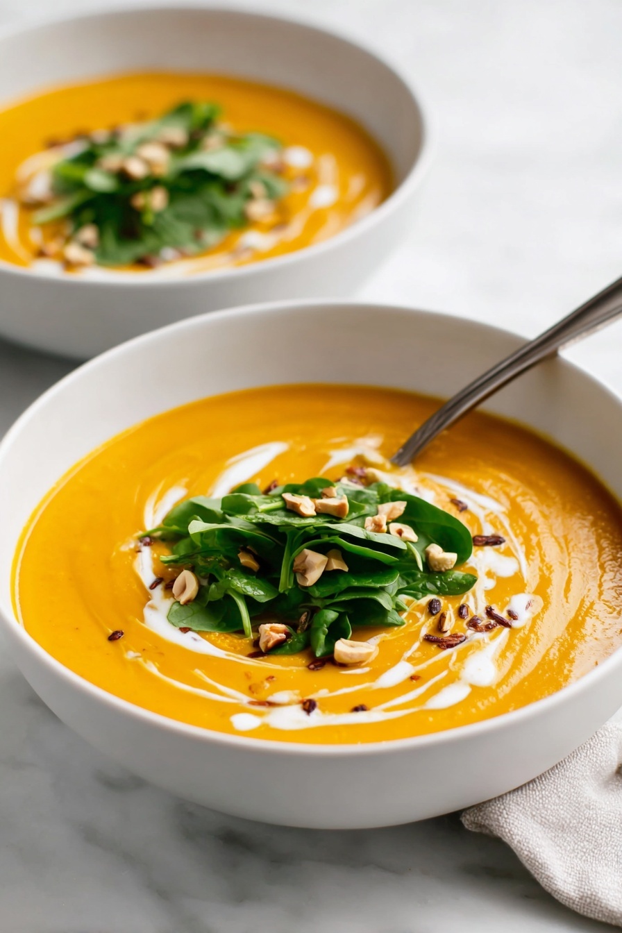 Creamy Sweet Potato Soup with Ginger, healthy sweet potato soup, comforting ginger soup, easy vegan sweet potato soup, velvety vegetable soup - Two white bowls sit on a white marbled surface, each filled with a smooth, thick, bright orange soup. The soup is swirled with white cream, creating soft patterns on the surface. On top of the soup, in the center, is a small pile of fresh green leaves, likely spinach or watercress, and scattered light brown pieces that look like chopped nuts or seeds. One silver spoon rests on the edge of the bowl in the front. In the background, a second bowl is slightly out of focus. Photo taken with an iphone --ar 2:3 --v 7