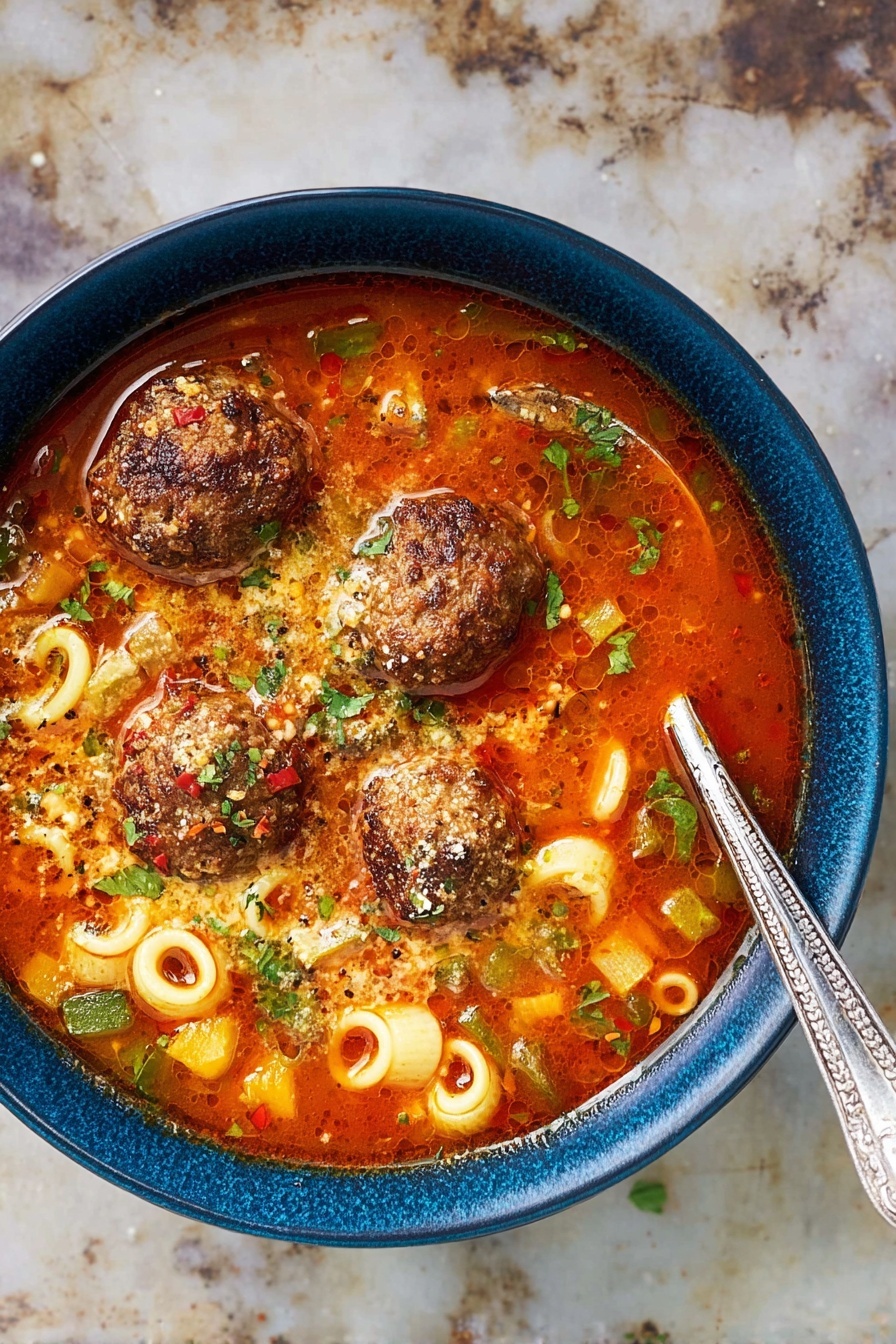 Hearty Meatball Soup with Pasta, comforting meatball soup, easy homemade meatball soup, hearty pasta soup recipe, flavorful meatball and pasta soup - A blue bowl filled with rich red soup on a white marbled surface, containing five browned meatballs sitting on top of small ring-shaped pasta and diced vegetables in an orange-red broth. The soup has visible seasoning like green herbs, red pepper flakes, and a drizzle of melted cheese or cream. A silver spoon with a textured handle rests inside the bowl on the right side. photo taken with an iphone --ar 2:3 --v 7