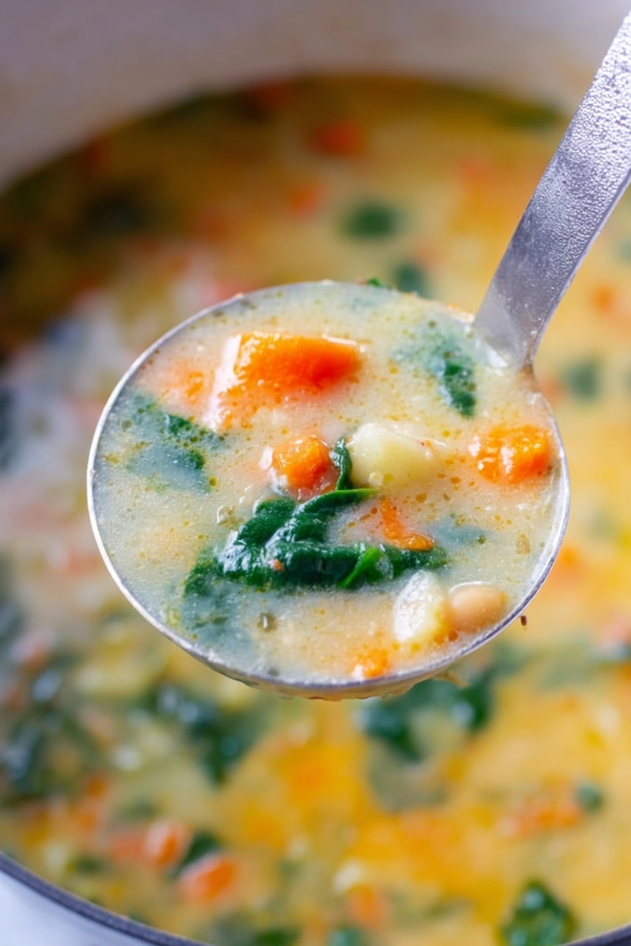 Creamy White Bean Soup, white bean soup recipe, healthy creamy bean soup, easy white bean soup, comforting bean soup - A large silver ladle is filled with thick vegetable soup held close to the camera. Inside the ladle, the soup has a creamy light yellow base with visible layers of soft orange carrot bits, deep green spinach leaves, and small pale chunks of potato. The background shows more of the same soup in a pot, with the same colors and texture slightly blurred. The setting is on a white marbled surface. photo taken with an iphone --ar 2:3 --v 7