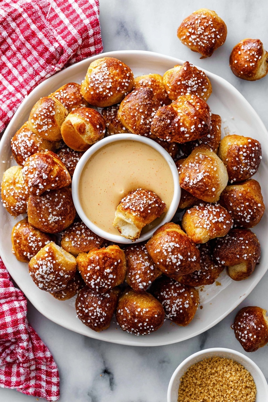 Soft Pretzel Bites, homemade soft pretzels, chewy pretzel snacks, easy pretzel bites recipe, party snack ideas - A white plate holds many small, golden brown pretzel bites sprinkled with coarse salt. In the center of the plate is a small white bowl filled with creamy, light tan dipping sauce, with one pretzel bite dipped into it. Around the plate on a white marbled surface are a few more pretzel bites. A small white bowl near the bottom right corner contains grainy mustard. A red and white checkered cloth is partly visible in the top left corner. Photo taken with an iphone --ar 2:3 --v 7