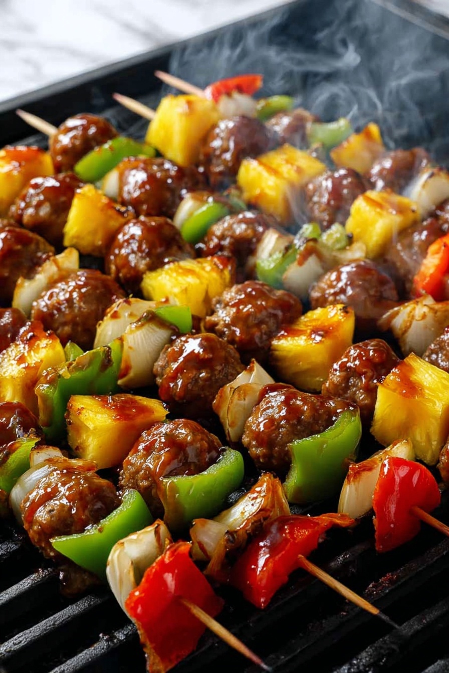 Sweet and Sour Meatball Kabobs, meatball kabobs, easy Asian-inspired skewers, grilled meatball appetizers, fruity vegetable kabobs - The image shows several skewers arranged closely together with layers of grilled food. Each skewer has a repeating pattern of brown meatballs, bright yellow pineapple chunks, white onion pieces with slight char marks, green bell pepper sections, and red bell pepper pieces. A woman's hand is seen brushing glossy brown sauce over the skewers. The scene is set on a black grill with a white marbled background. photo taken with an iphone --ar 2:3 --v 7