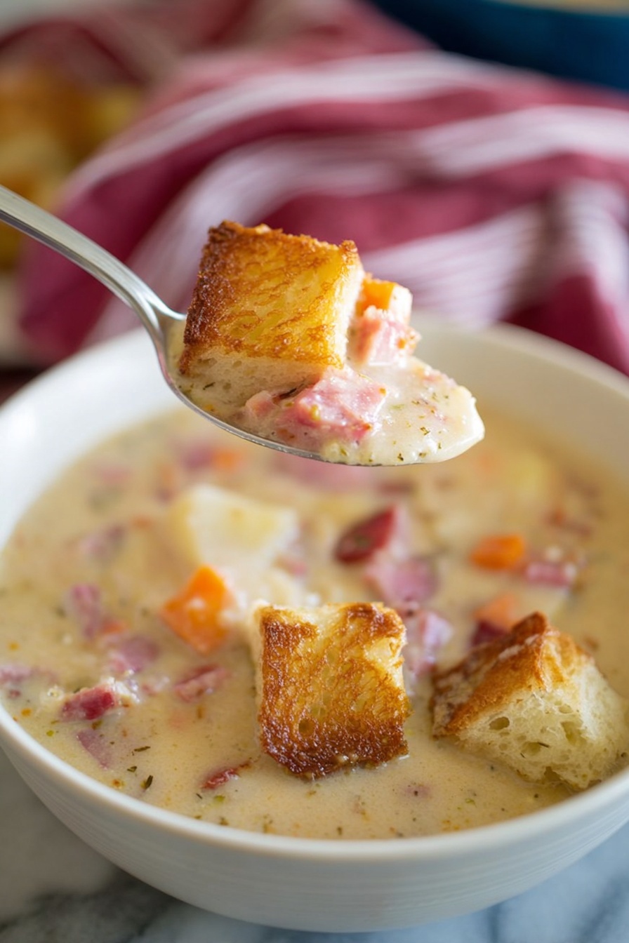 Reuben Soup with Swiss Cheese and Sauerkraut, Reuben Soup, easy Reuben soup recipe, cheesy Reuben soup, quick Reuben dinner - A close-up of a spoon held by a woman's hand, lifting a creamy soup that contains visible pieces of orange carrot, pink ham, and light-colored potato chunks, topped with a golden brown toasted bread cube. Below the spoon, a white bowl filled with the same creamy soup is garnished with several toasted bread cubes floating on the surface. The soup looks thick and rich, with a smooth, light beige color speckled with bits of ham and vegetables. All this is placed on a white marbled surface with a blurred red and white striped cloth in the background. photo taken with an iphone --ar 2:3 --v 7
