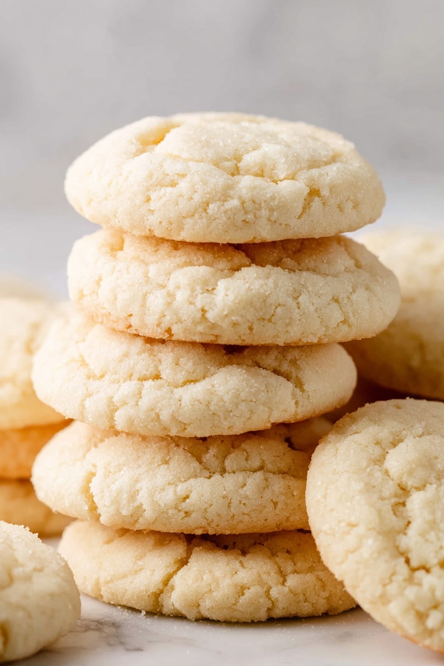 Amish Sugar Cookies, Amish Sugar Cookies Recipe, soft sugar cookies, buttery sugar cookies, easy Amish cookie recipe - The image shows a close-up of several sugar cookies stacked on top of each other. Each cookie has a light golden color with a soft, slightly cracked surface, and a round, somewhat puffy shape. The cookies have a smooth, almost crumbly texture visible on the outside, and the edges show a gentle browning. The cookies are placed on a white marbled surface, filling the frame with no other items or background elements visible. photo taken with an iphone --ar 2:3 --v 7