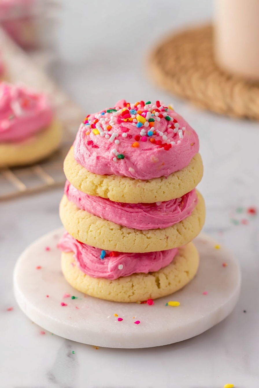 Frosted Sugar Cookie, easy sugar cookies, soft sugar cookies, homemade sugar cookies, cookie frosting - The image shows a stack of three soft, pale yellow cookies with a rough texture, each separated by a thick layer of bright pink frosting. The top cookie has more pink frosting swirled on top with colorful sprinkles scattered over it, including red, white, yellow, blue, and green. They sit on a small white marble round plate, with a few sprinkles spilled around the base. The background is a white marbled surface with a blurred light-colored cup and woven coaster in the back photo taken with an iphone --ar 2:3 --v 7