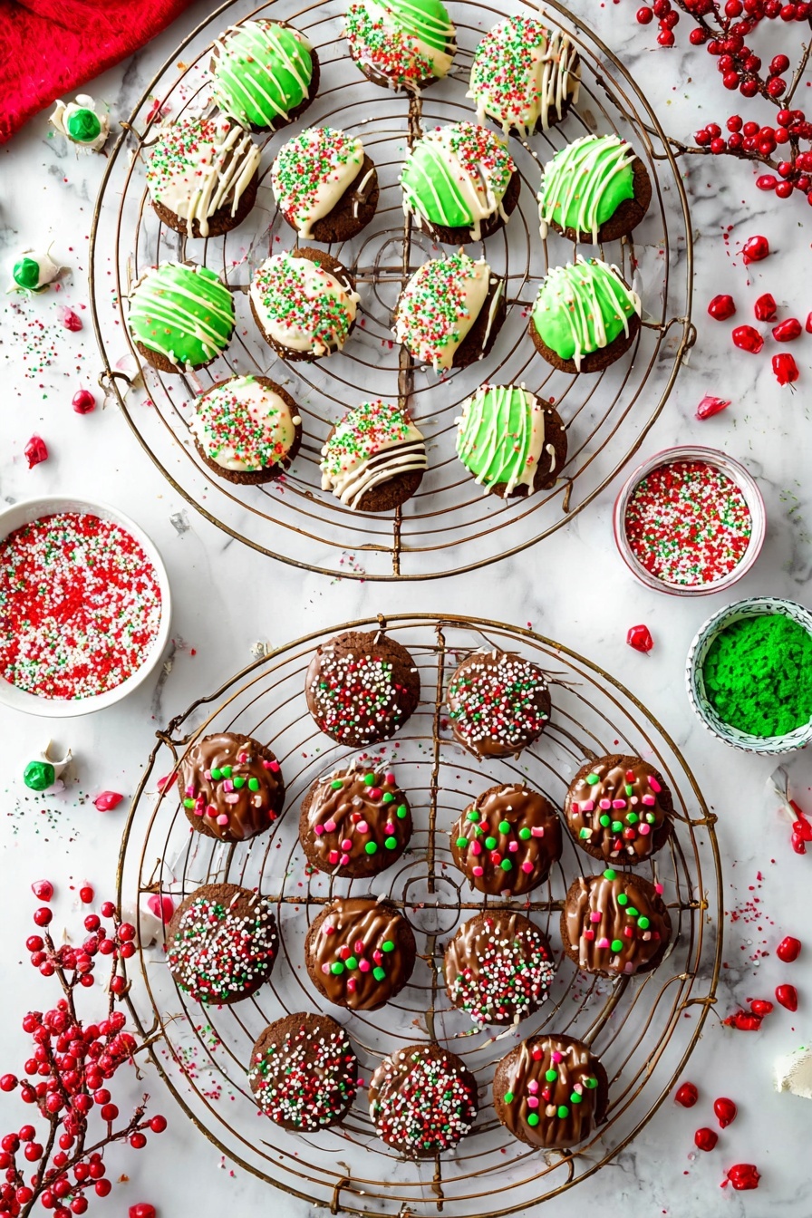 Festive Chocolate Covered Oreos, easy holiday cookie ideas, chocolate dipped Oreos, holiday party treats, colorful sprinkles cookies - The image shows two round cooling racks on a white marbled surface, each filled with small round chocolate cookies decorated for Christmas. The cookies on the top rack are half dipped in white or green icing with colorful sprinkles in red, green, and white, and drizzled with thin lines of icing. The cookies on the bottom rack are covered with chocolate icing and topped with various sprinkles in festive colors like red, green, and white. Some have small red and green candy pieces, while others have thin pink icing stripes. Around the racks, there are small bowls filled with red and green sprinkles and candy, along with light bulbs filled with colorful decorations and red berry garlands. photo taken with an iphone --ar 2:3 --v 7
