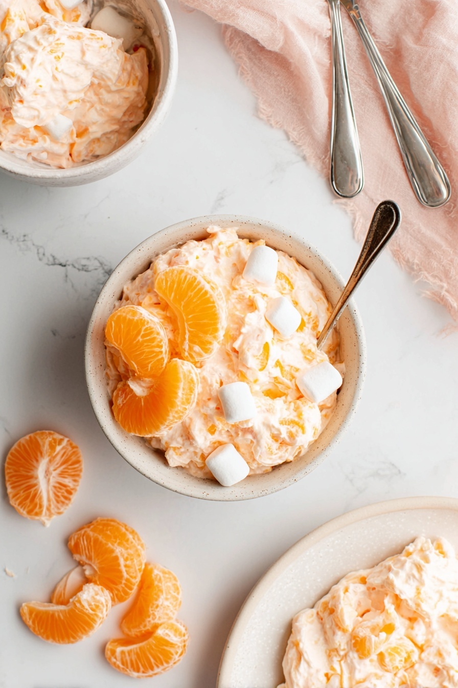 Mandarin Orange Salad with Marshmallows, citrus salad, fruit salad with marshmallows, easy fruit dessert, nostalgic citrus side dish - The image shows a small white bowl filled with a fluffy light orange creamy mixture with visible small white marshmallows and bright orange mandarin orange slices mixed in. On top of the mixture are two mandarin slices arranged in the center and three small marshmallows on the surface. Next to the bowl on the white marbled surface are two peeled mandarin slices. Nearby, there is a white plate with leftover creamy mixture spread on it, with a metal spoon resting inside. A soft pink cloth and two metal spoons are placed on the top right corner of the image, adding a soft touch to the scene. Photo taken with an iphone --ar 2:3 --v 7