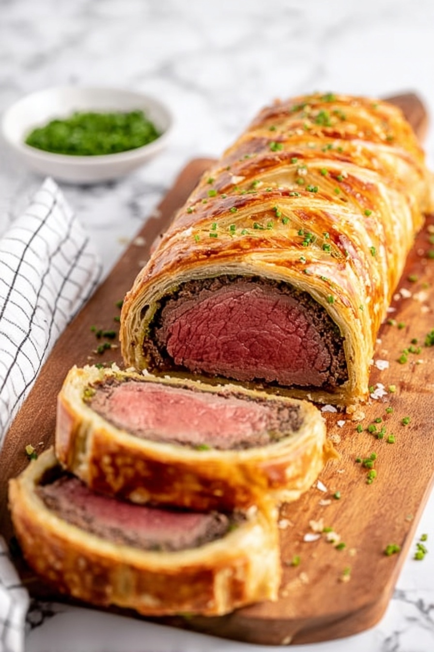 Beef Wellington, Beef Wellington with Mushrooms, Puff Pastry Beef Wellington, Classic British Beef Wellington, Elegant Beef Dinner - A Beef Wellington loaf is sliced into three pieces showing layers from outside to inside: a shiny golden-brown flaky pastry crust with light flakes scattered around, a thin green herb layer inside the crust, then a rich brown mushroom mixture, and a thick center of pink juicy beef. The three pieces are placed on a wooden board with some green chopped herbs sprinkled on and near them. In the background, there is a small white bowl filled with chopped green herbs and a folded white cloth with a black grid pattern. The scene rests on a white marbled surface. Photo taken with an iphone --ar 2:3 --v 7