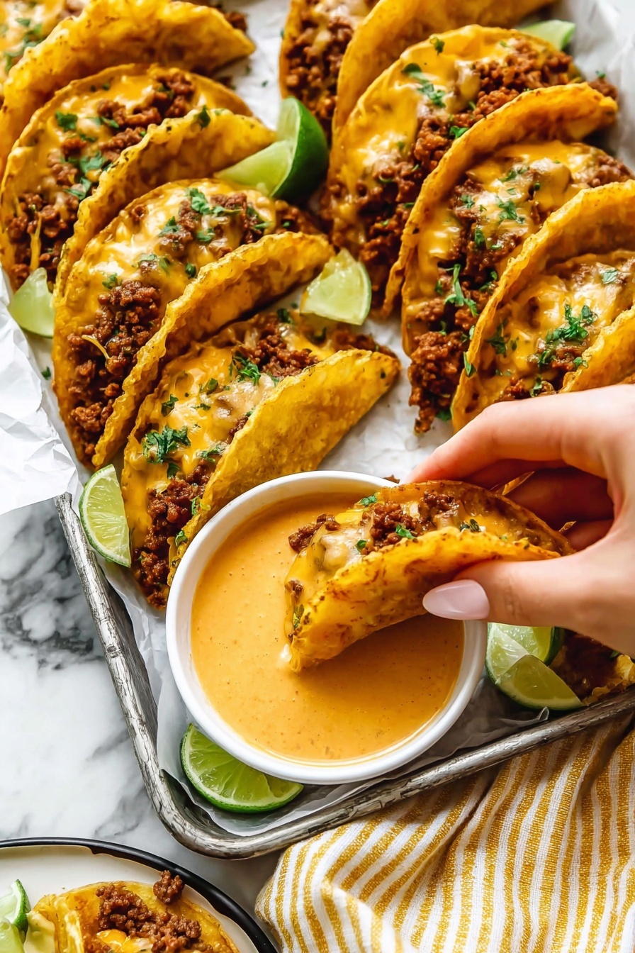 Baked Crispy Beef Tacos, crispy beef tacos, baked taco shells, easy beef taco recipe, healthy taco ideas - The image shows small tacos filled with cooked ground meat and melted cheese, garnished with small green herbs on top. The tacos have a golden-brown crispy shell and are arranged close together on a metal tray lined with white paper. In the center of the tray is a small white bowl filled with a smooth, creamy orange dipping sauce. A woman's hand is holding one taco, dipping it into the sauce. In the bottom corner, part of a white plate with a black rim is visible, holding more tacos and lime wedges. A yellow and white striped cloth is placed near the tray on a white marbled surface photo taken with an iphone --ar 2:3 --v 7