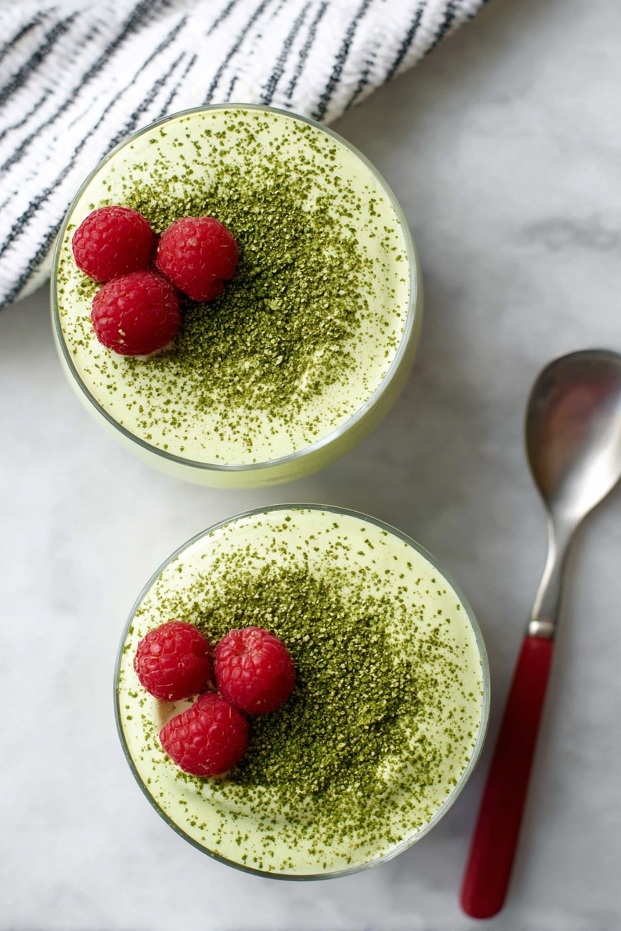 Matcha Chia Protein Pudding, healthy matcha chia pudding, quick nutritious breakfast, plant-based protein snack, vegan chia pudding with matcha - Two round glasses filled with a creamy light green mousse topped with a dusting of darker green powder evenly spread on the surface. Each mousse has two bright red raspberries placed near the top edge. The glasses sit on a white marbled surface. A spoon with a red handle is placed next to the bottom glass. Part of a white and black striped cloth is visible on the top left corner. Photo taken with an iphone --ar 2:3 --v 7