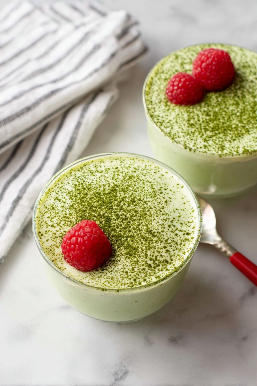 Matcha Chia Protein Pudding, healthy matcha chia pudding, quick nutritious breakfast, plant-based protein snack, vegan chia pudding with matcha - Two clear glass bowls are filled with a light green mousse-like dessert that has tiny black seeds throughout. Each bowl has a layer of green powder sprinkled on top, creating a matte texture. Two bright red raspberries sit on the surface of each dessert, adding a pop of color. The bowls are placed on a white marbled surface, with one bowl slightly behind and blurred, and the other in clear focus in the front. Photo taken with an iphone --ar 2:3 --v 7