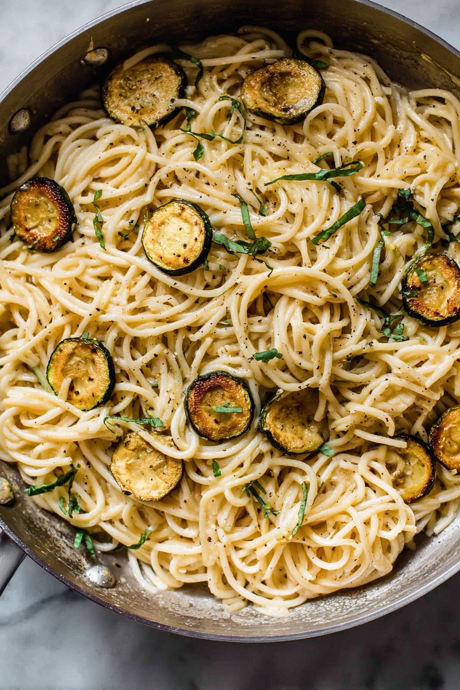 Creamy Zucchini Spaghetti, zucchini pasta with creamy sauce, summer zucchini recipes, easy zucchini pasta, healthy zucchini spaghetti - A close-up of a pan filled with creamy spaghetti noodles that are slightly twisted and intertwined. Scattered on top are small round pieces of golden brown cooked zucchini with a slight crisp texture on the edges. Thin strips of fresh green herbs are also sprinkled evenly over the pasta. The pasta has a light-colored cream sauce coating with a mild shine, and a few light specks of black pepper are visible throughout. The pan sits on a white marbled surface. photo taken with an iphone --ar 2:3 --v 7