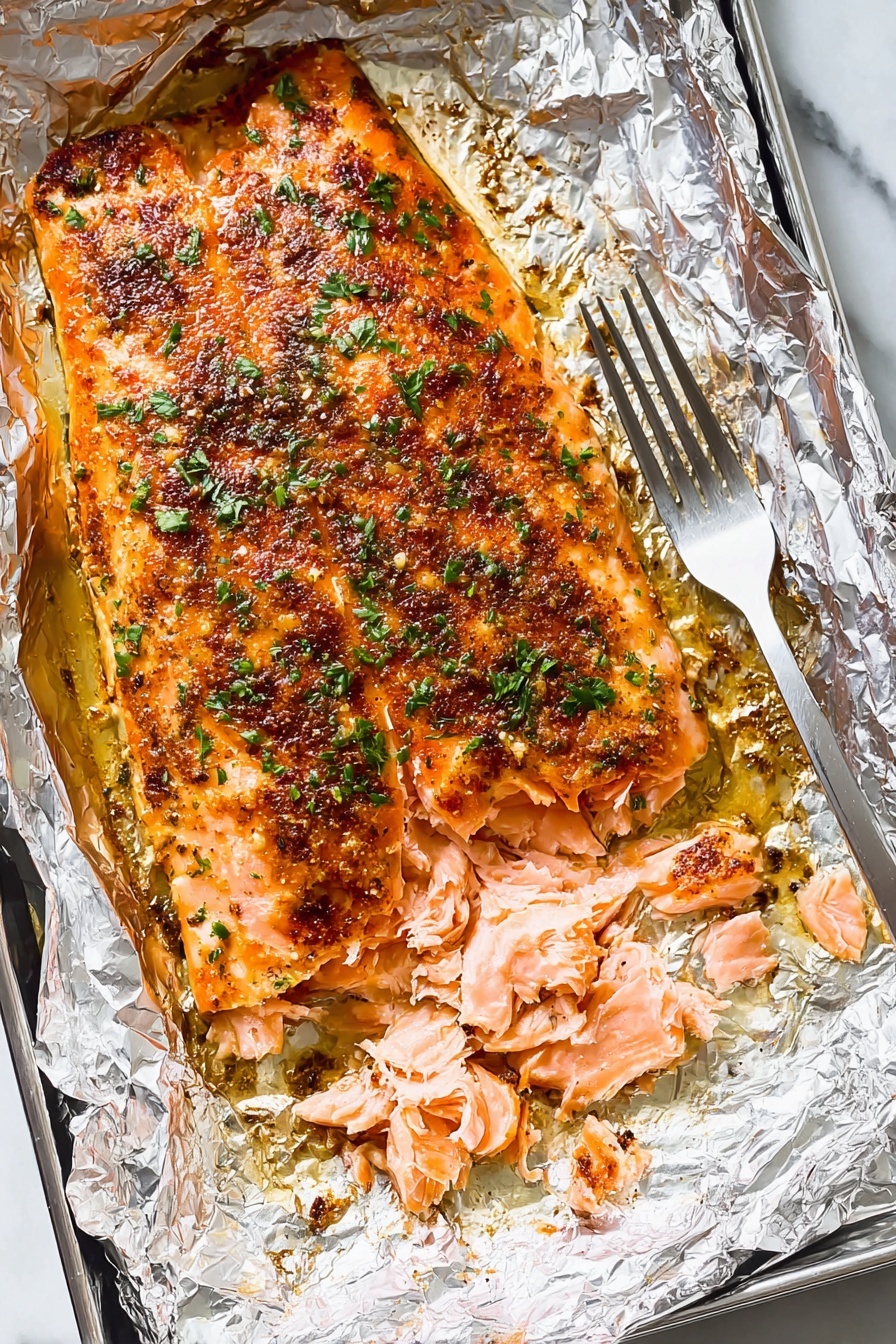 Oven Baked Salmon with Garlic and Herbs, healthy baked salmon, easy salmon dinner, flavorful seafood recipes, quick salmon meals - The image shows a close-up of cooked salmon with a crispy, browned spice crust on top. The salmon flakes are visible, showing soft, pink layers underneath the browned surface with some green herb bits scattered on top. The fish is placed on a piece of shiny foil inside a metal baking tray. To the right side, a fork is partially stuck into the salmon, lifting some flakes. The whole scene is set on a white marbled surface with a white cloth nearby, and a woman's hand is holding the tray. Photo taken with an iphone --ar 2:3 --v 7