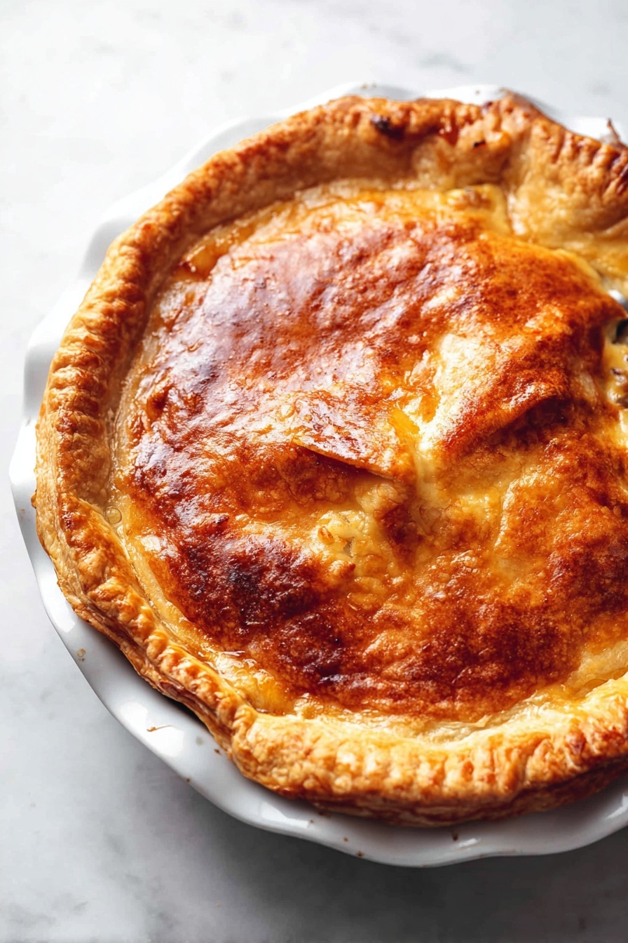 Chicken Mushroom Puff Pastry Pie, savory puff pastry dishes, creamy chicken and mushroom pie, easy dinner recipes with puff pastry, comforting chicken pastry bake - A round pastry pie with a thick golden-brown crust baked to a crispy texture. The top layer is smooth and shiny, covering the pie completely, with slightly raised edges showing a folded or crimped pattern. The pie sits on a white ceramic dish with scalloped edges. The background is a white marbled surface. photo taken with an iphone --ar 2:3 --v 7