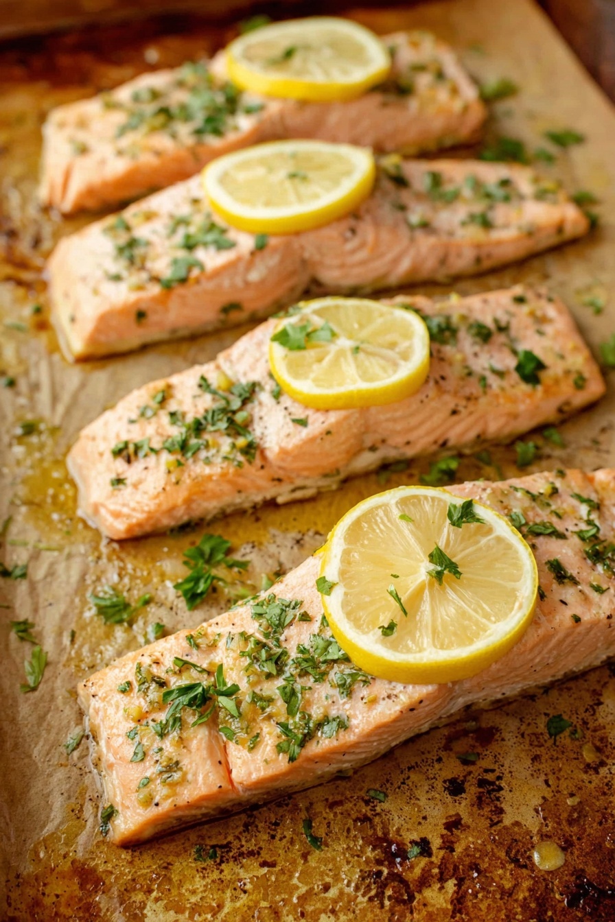 Oven-Baked Lemon Herb Salmon, lemon herb salmon, healthy salmon dinner, easy salmon recipe, quick baked salmon - Four cooked salmon fillets lie side by side on a baking tray with a slightly browned surface. Each salmon fillet is light pink with a moist and soft texture, sprinkled with small green herb pieces on top. A thin, round lemon slice with pale yellow color and visible seeds rests on each fillet. The background shows the textured baking tray with some scattered oil and browned bits. photo taken with an iphone --ar 2:3 --v 7