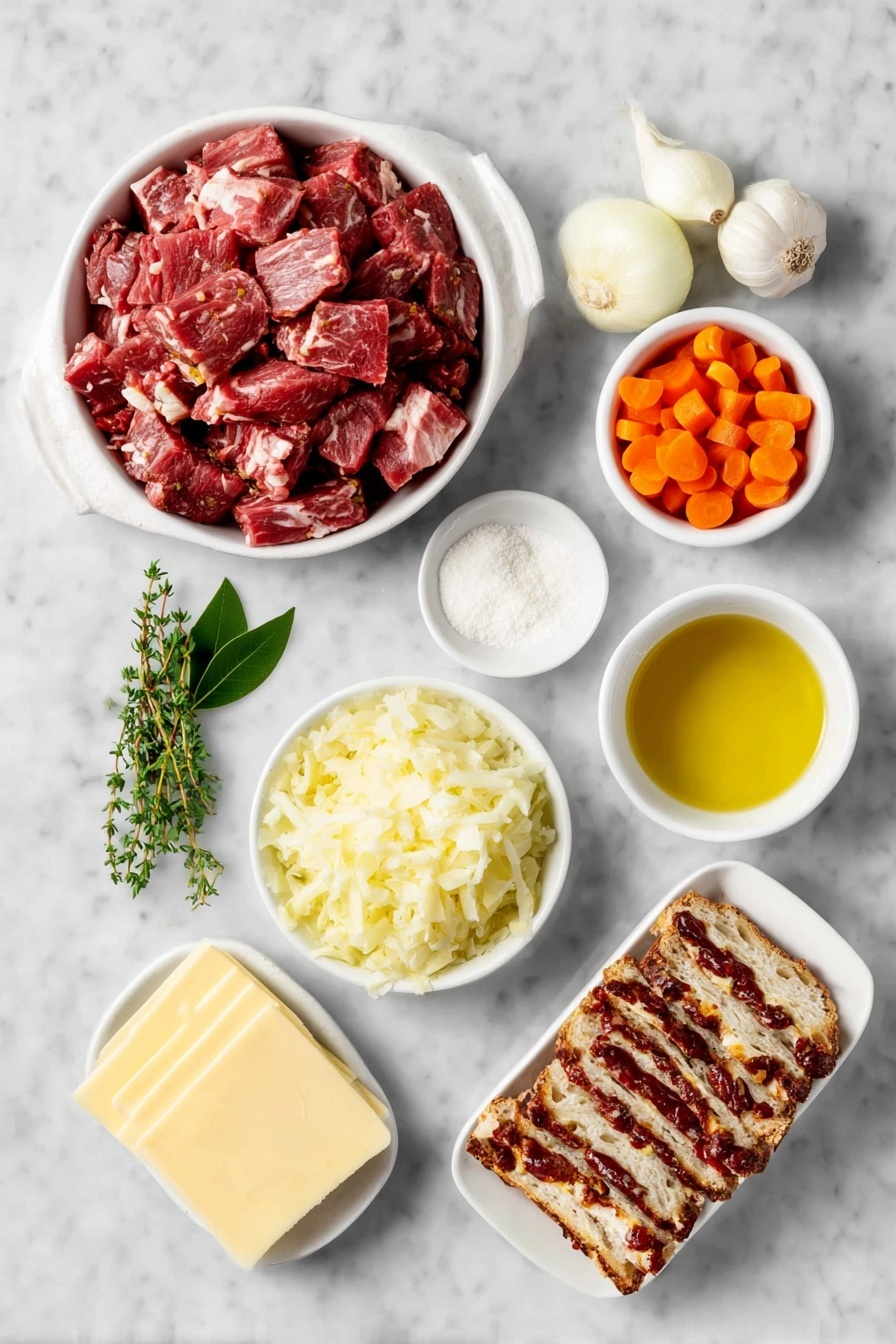 Reuben Soup with Swiss Cheese and Sauerkraut, Reuben Soup, easy Reuben soup recipe, cheesy Reuben soup, quick Reuben dinner - Flat lay of a diced pile of lean cooked corned beef, a small white bowl of sauerkraut, a chopped yellow onion, four chopped fresh carrots, three peeled garlic cloves, a sprig of fresh oregano, one fresh bay leaf, a small white bowl with clear cold water, a small white bowl with white cornstarch powder, a small white bowl of heavy cream, neatly stacked slices of Swiss cheese, a small white bowl of golden extra-virgin olive oil, and six slices of marbled rye bread arranged in a simple white ceramic dish, placed on a clean white marble surface, soft natural light, photo taken with an iPhone, professional food photography style, fresh ingredients, white ceramic bowls, no bottles, no duplicates, no utensils, no packaging --ar 2:3 --v 7 --p m7354615311229779997