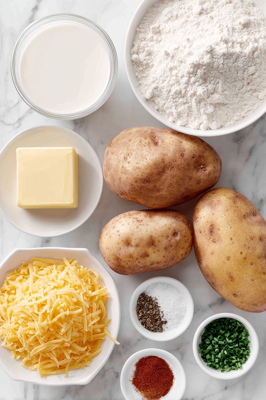 Cheesy Scalloped Potatoes, scalloped potato side dish, cheesy potato casserole, creamy scalloped potatoes, easy scalloped potato recipe - Flat lay of whole russet potatoes with rough brown skins, a small pat of creamy yellow butter, a small white ceramic bowl of fine all-purpose flour, a small white bowl filled with creamy white milk, a small white bowl containing freshly ground black pepper and coarse salt, a neat pile of bright orange shredded sharp cheddar cheese, a tiny mound of vibrant red paprika powder, and a small cluster of finely chopped fresh green chives and parsley, all arranged symmetrically on a clean white marble surface, soft natural light, photo taken with an iPhone, professional food photography style, fresh ingredients, white ceramic bowls, no bottles, no duplicates, no utensils, no packaging --ar 2:3 --v 7 --p m7354615311229779997