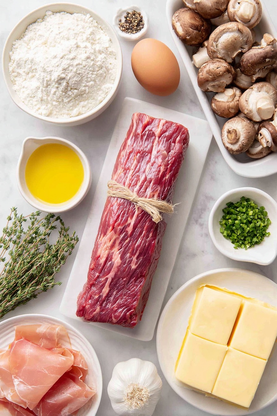 Beef Wellington, Beef Wellington with Mushrooms, Puff Pastry Beef Wellington, Classic British Beef Wellington, Elegant Beef Dinner - Flat lay of a whole center-cut beef tenderloin tied with butcher’s twine, a small mound of kosher salt crystals, a small pile of freshly ground black pepper, a small white ceramic bowl of golden olive oil, a small white ceramic bowl of pale yellow Dijon mustard, a mix of fresh button, cremini, shiitake, and portobello mushrooms roughly chopped, two medium shallots roughly chopped, a few fresh thyme sprigs with bright green leaves, four whole garlic cloves with skins on, a small white ceramic bowl of salted butter, twelve thin slices of pink prosciutto arranged overlapping, a neat pile of white all-purpose flour, a sheet of thawed pale yellow puff pastry, one whole uncracked large brown egg, a small heap of coarse flaky sea salt crystals, and a bunch of fresh finely minced chives with bright green stems—all arranged symmetrically on simple white ceramic dishes and plates—placed on a clean white marble surface, soft natural light, photo taken with an iPhone, professional food photography style, fresh ingredients, white ceramic bowls, no bottles, no duplicates, no utensils, no packaging --ar 2:3 --v 7 --p m7354615311229779997