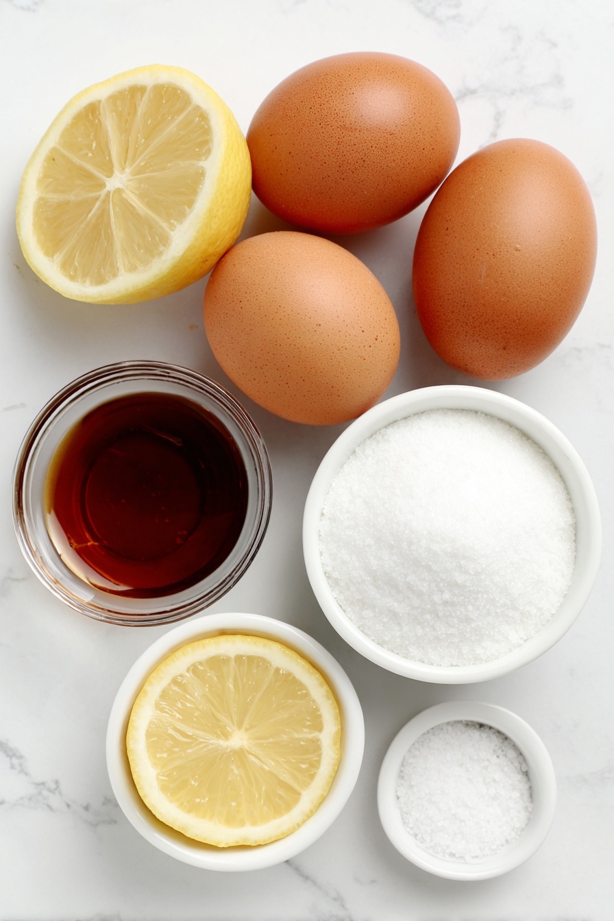 Authentic Italian Zabaglione, Italian Zabaglione Dessert, How to Make Zabaglione, Classic Italian Custard, Italian Desserts - Flat lay of four whole large brown eggs with clean shells, a small white ceramic bowl filled with fine white granulated sugar, a small white ceramic bowl containing light amber Marsala wine, a fresh bright yellow lemon wedge with a small white ceramic bowl of freshly squeezed lemon juice, and a pinch of salt in a tiny white ceramic bowl, all arranged symmetrically on a clean white marble surface, soft natural light, photo taken with an iPhone, professional food photography style, fresh ingredients, white ceramic bowls, no bottles, no duplicates, no utensils, no packaging --ar 2:3 --v 7 --p m7354615311229779997