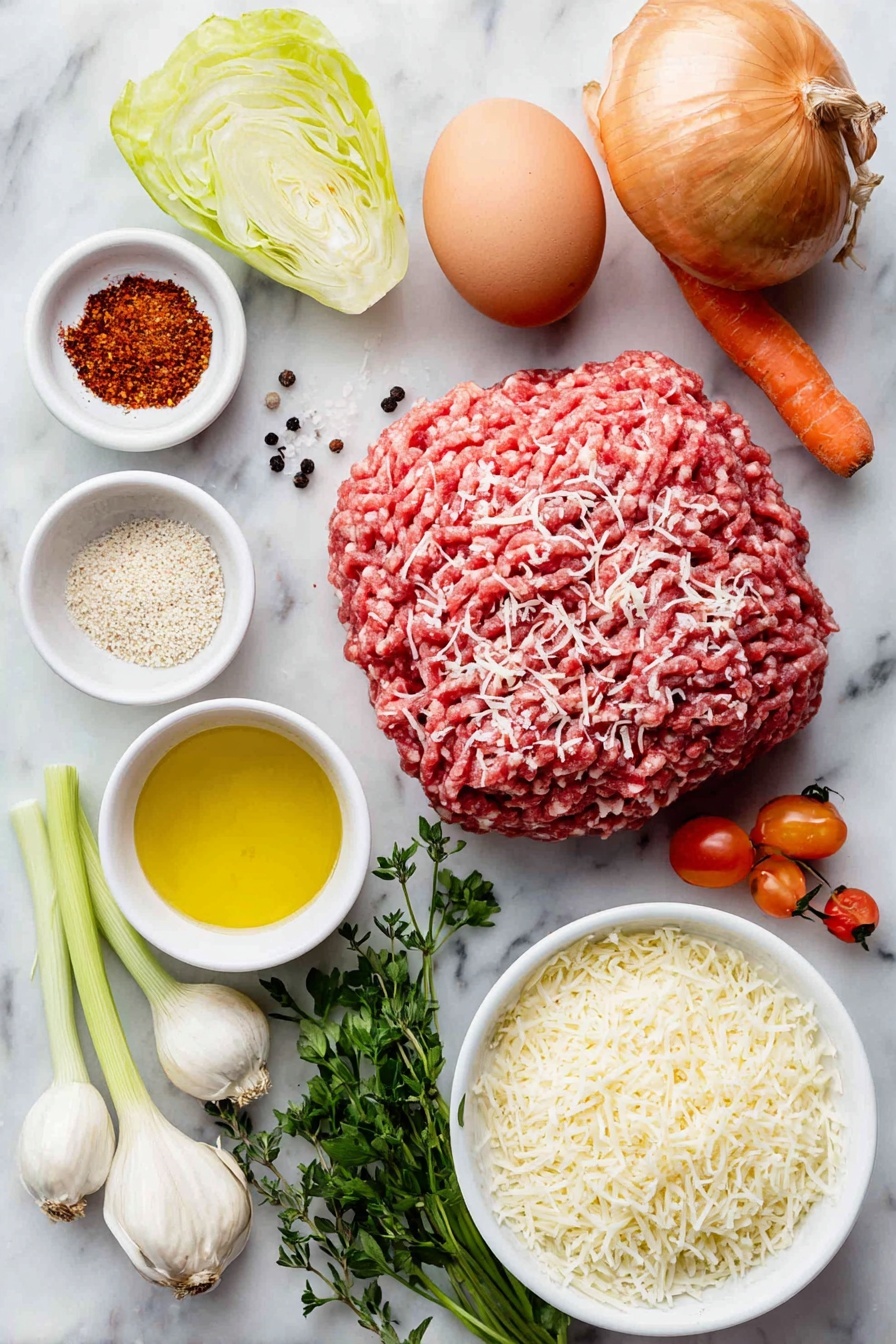 Hearty Meatball Soup with Pasta, comforting meatball soup, easy homemade meatball soup, hearty pasta soup recipe, flavorful meatball and pasta soup - Flat lay of a small mound of lean ground beef, one whole uncracked brown egg, a small white ceramic bowl of freshly grated parmesan cheese, a small white bowl filled with unseasoned bread crumbs, a small bunch of fresh oregano sprigs, a small white bowl with sweet paprika powder, a bunch of fresh parsley leaves, three to five whole garlic cloves, a small white ceramic bowl of extra virgin olive oil, a pinch of kosher salt crystals, a few black peppercorns, one small whole yellow onion, two fresh whole carrots, two celery stalks with leaves, one small green bell pepper, a small white bowl of beef broth, a small white bowl with peeled whole peeled tomatoes with juices, a small white bowl of uncooked ditalini pasta, and a small white bowl with red pepper flakes; all arranged with perfect symmetry on a clean white marble surface, soft natural light, photo taken with an iPhone, professional food photography style, fresh ingredients, white ceramic bowls, no bottles, no duplicates, no utensils, no packaging --ar 2:3 --v 7 --p m7354615311229779997