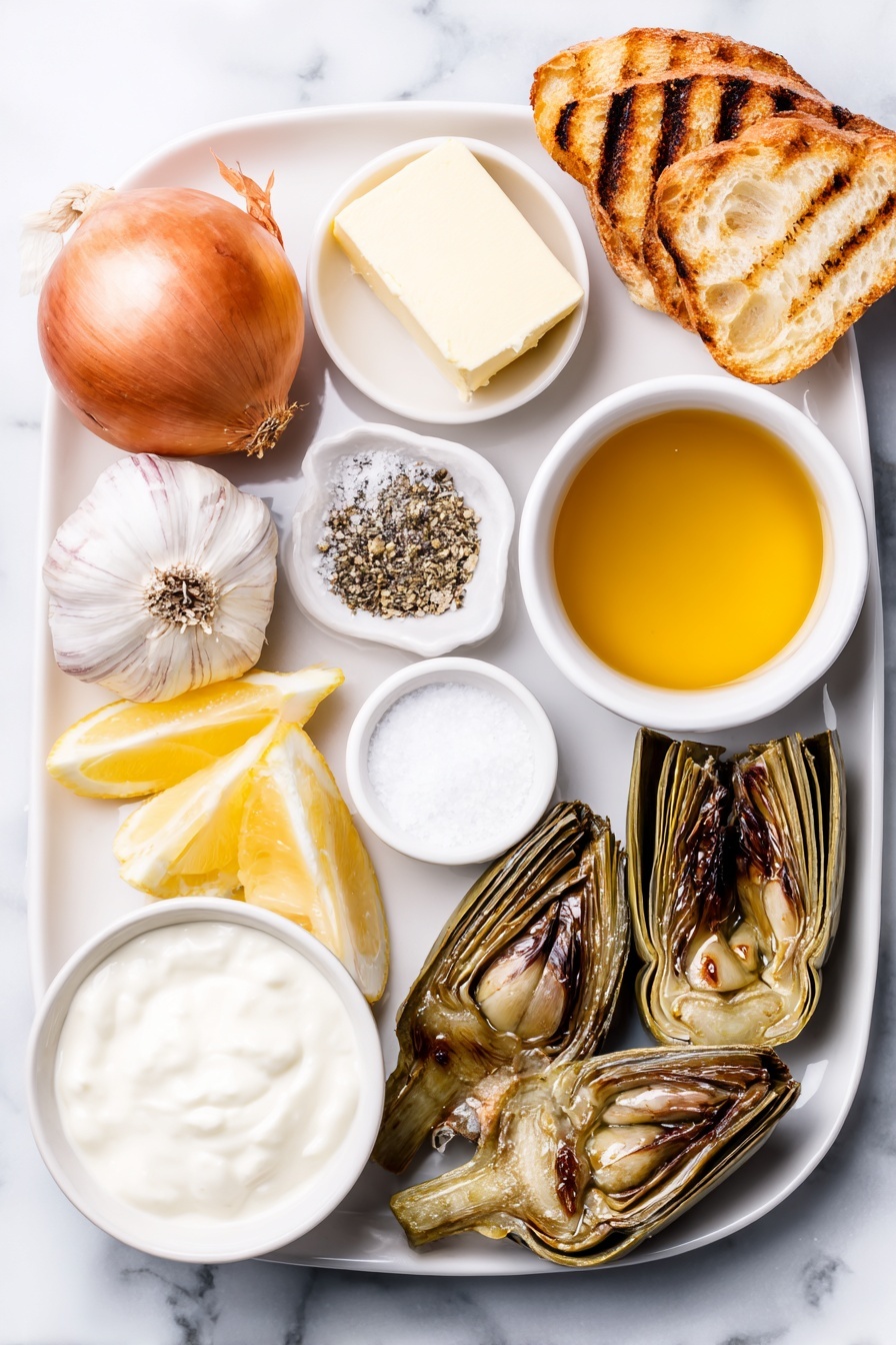 Creamy Artichoke Soup, artichoke soup recipe, easy creamy soup, savory artichoke soup, comforting vegetable soups - Flat lay of a small puddle of golden olive oil in a white ceramic bowl, a pat of pale unsalted butter on a white plate, a whole sweet onion with papery skin intact, two whole uncracked garlic cloves, a pinch of coarse kosher salt in a small white bowl, a small white bowl with freshly cracked black pepper, a few fresh pale green artichoke hearts, a small white ceramic bowl filled with light golden vegetable stock, a small white bowl of creamy white heavy cream, a small white bowl of smooth crème fraiche, a few lemon wedges with bright yellow skin and juicy interiors, several thin slices of crusty toasted baguette with a golden brown surface, and a couple of grilled artichoke hearts with char marks arranged neatly, all placed on a clean white marble surface, soft natural light, photo taken with an iPhone, professional food photography style, fresh ingredients, white ceramic bowls, no bottles, no duplicates, no utensils, no packaging --ar 2:3 --v 7 --p m7354615311229779997