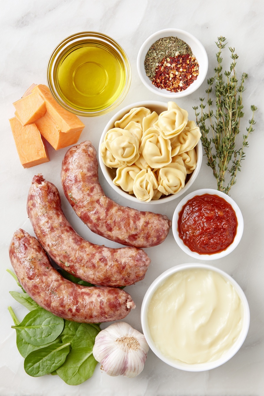 Creamy Sausage Tortellini Soup, hearty sausage tortellini soup, easy sausage soup with tortellini, comforting sausage and tortellini soup, quick sausage tortellini dinner - Flat lay of fresh spicy Italian sausage links, a small white bowl of golden olive oil, a small white bowl with mixed Italian seasoning herbs, a vibrant orange peeled and cubed large sweet potato, five peeled garlic cloves, a small white bowl with red pepper flakes, a small white bowl of rich red tomato paste, a small white bowl filled with clear water, a neat pile of fresh three-cheese tortellini pasta, a small pile of fresh green spinach leaves, a small white bowl filled with thick heavy cream, and several sprigs of fresh thyme placed on a clean white marble surface, soft natural light, photo taken with an iPhone, professional food photography style, fresh ingredients, white ceramic bowls, no bottles, no duplicates, no utensils, no packaging --ar 2:3 --v 7 --p m7354615311229779997