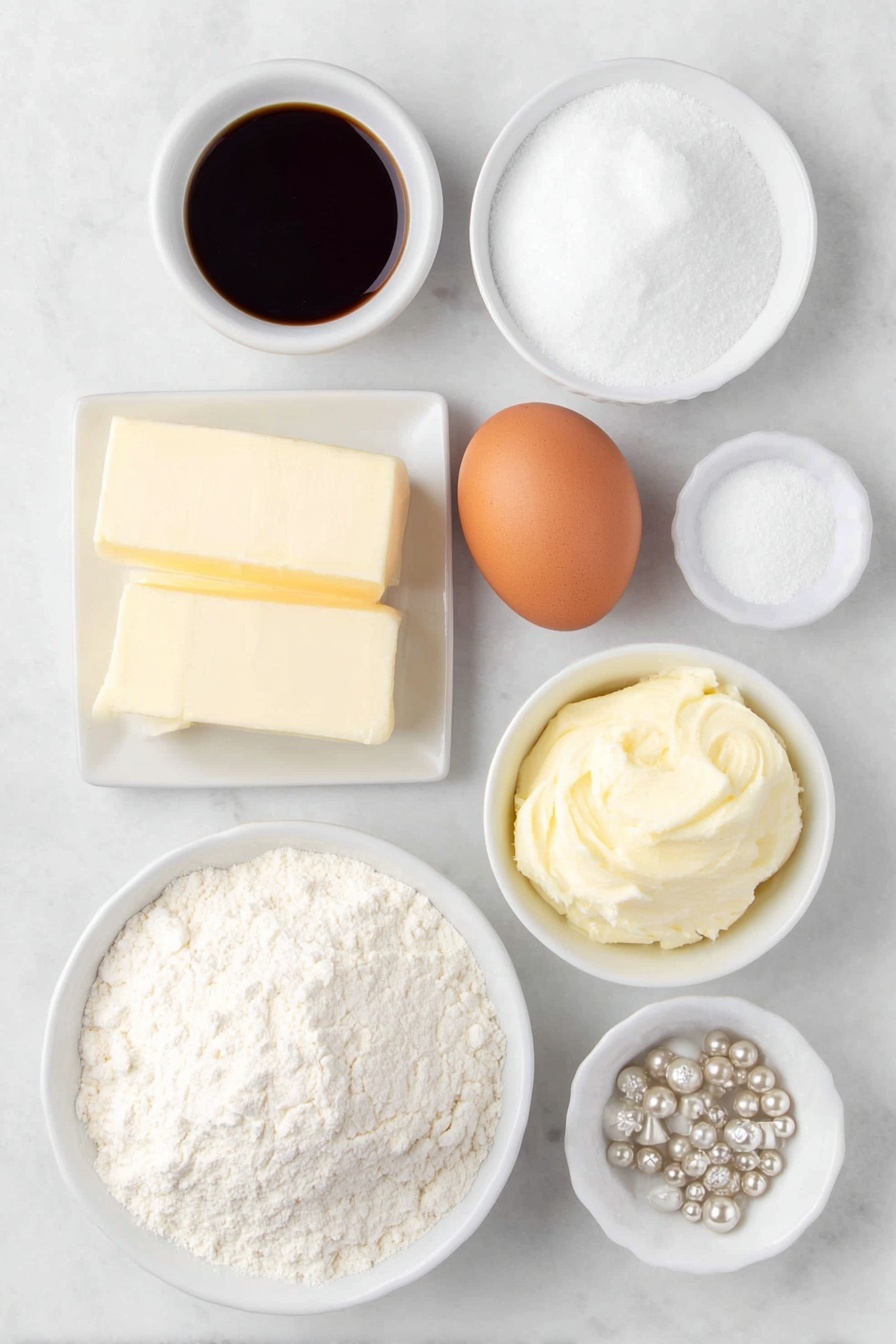 Christmas Tree Cookies with Buttercream Frosting, festive holiday cookies, Christmas tree cookie recipe, buttercream frosting cookies, holiday baking treats - Flat lay of softened unsalted butter in a small white ceramic bowl, a small white bowl filled with fine white confectioners' sugar, one whole large brown egg with a clean shell, a small white bowl of clear vanilla extract, a modest mound of all-purpose flour on a white ceramic plate, a small white bowl containing fine baking soda powder, a small white bowl holding fine salt crystals, a small white bowl of smooth pale yellow buttercream frosting, a small white bowl filled with bright green buttercream frosting, a scattering of tiny yellow star sprinkles arranged neatly on a white ceramic dish, and small clusters of metallic silver and gold pearl-shaped sprinkles on another white ceramic dish, all ingredients looking fresh and natural, perfectly arranged in balanced symmetry on a clean white marble surface, soft natural light, photo taken with an iPhone, professional food photography style, fresh ingredients, white ceramic bowls, no bottles, no duplicates, no utensils, no packaging --ar 2:3 --v 7 --p m7354615311229779997