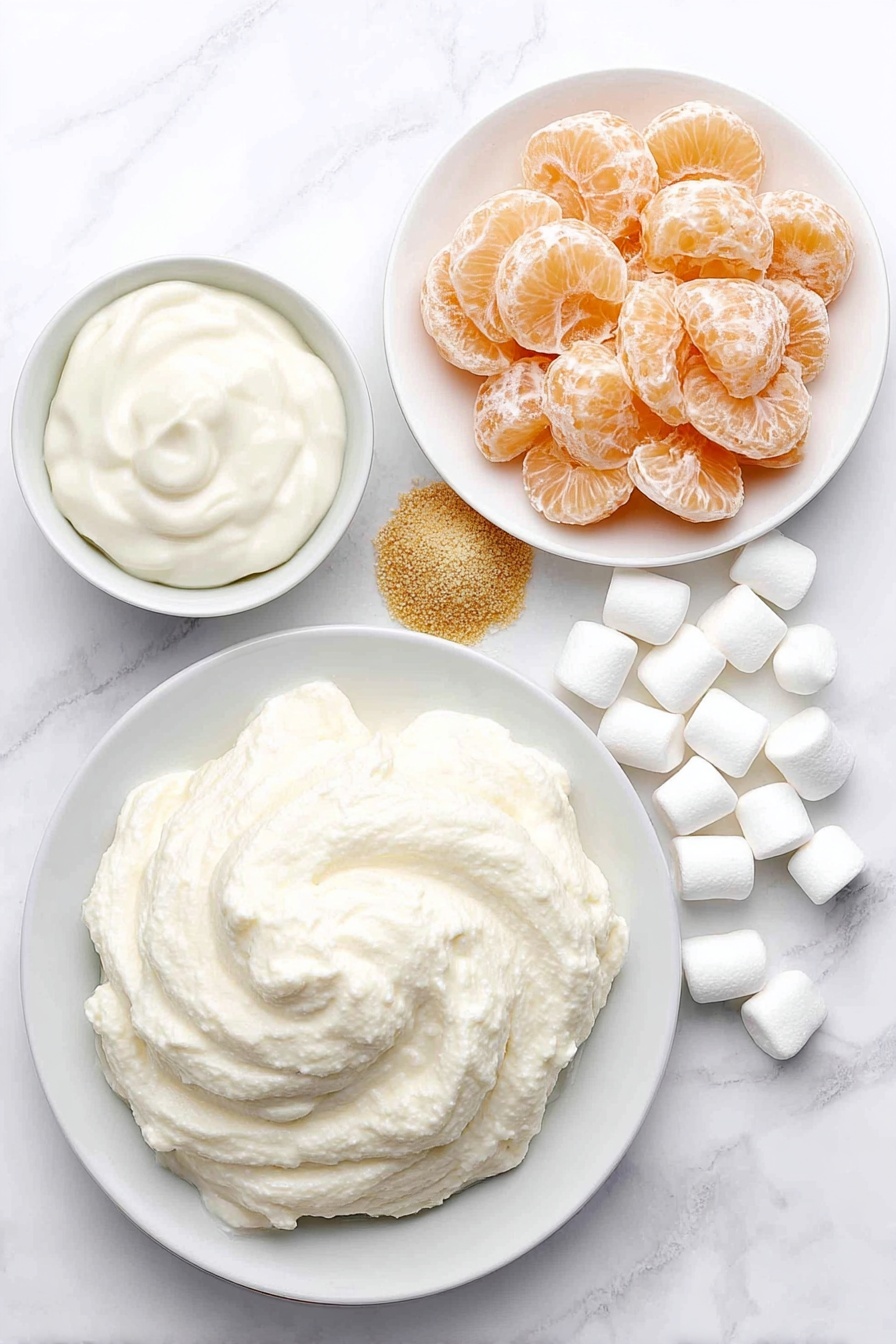 Mandarin Orange Salad with Marshmallows, citrus salad, fruit salad with marshmallows, easy fruit dessert, nostalgic citrus side dish - Flat lay of a small mound of smooth, fluffy thawed Cool Whip on a simple white ceramic plate, a dollop of thick creamy sour cream in a small white bowl, a small mound of bright orange powdery orange-flavored gelatin on a white ceramic plate, a neat pile of glossy, plump mandarin orange segments without juice on a white ceramic dish, and a handful of small, soft white mini marshmallows scattered gently beside the other ingredients, all arranged symmetrically and naturally placed on a clean white marble surface, soft natural light, photo taken with an iPhone, professional food photography style, fresh ingredients, white ceramic bowls, no bottles, no duplicates, no utensils, no packaging --ar 2:3 --v 7 --p m7354615311229779997
