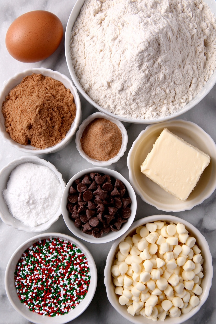 Christmas Chocolate Chip Cookies, festive holiday cookies, easy Christmas treats, homemade holiday cookies, Christmas baking ideas - Flat lay of a small white ceramic bowl of all-purpose white flour, a small white ceramic bowl of light brown sugar, a small white ceramic bowl of white sugar, one large whole egg with a clean shell, a small white ceramic bowl of ground cinnamon, a small white ceramic bowl of baking soda, a small white ceramic bowl of salt, a small white ceramic bowl of mini semi-sweet chocolate chips, a small white ceramic bowl of white chocolate chips, a small white ceramic bowl of red, green, and white flat confetti Christmas sprinkles, and a stick of salted butter partially melted, all arranged with perfect symmetry and balanced proportions, placed on a clean white marble surface, soft natural light, photo taken with an iPhone, professional food photography style, fresh ingredients, white ceramic bowls, no bottles, no duplicates, no utensils, no packaging --ar 2:3 --v 7 --p m7354615311229779997