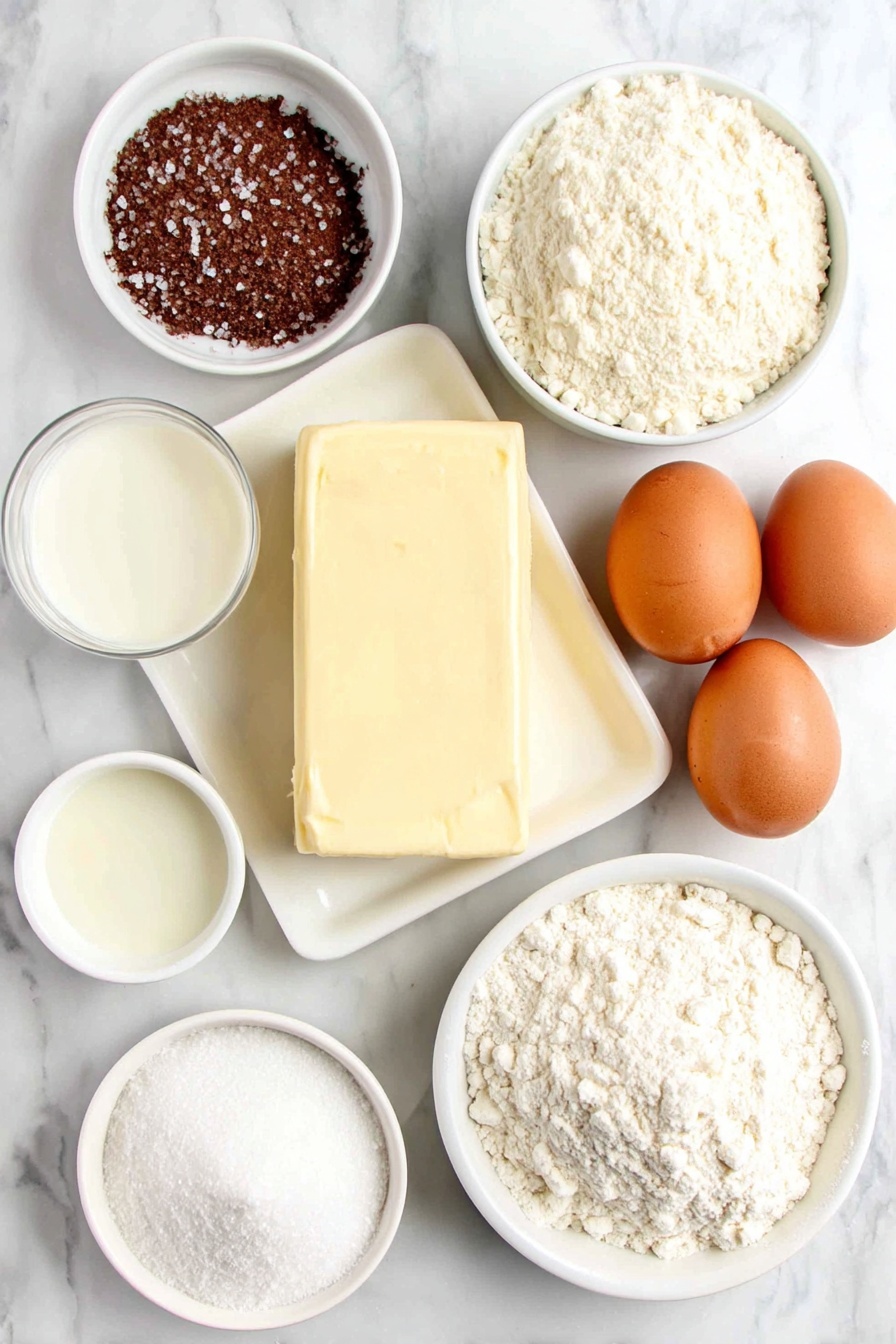 Melt-in-Your-Mouth Danish Butter Cookies, Danish Butter Cookies, Buttery Cookies Recipe, Holiday Cookies, Easy Butter Cookies - Flat lay of European salted butter in a square slab, a small white ceramic bowl filled with granulated sugar, a few grains of coarse salt scattered beside, two brown whole eggs with clean shells, a small white ceramic bowl holding clear pale vanilla extract, a small white ceramic bowl with whole milk, a small white ceramic bowl heaped with all-purpose flour, a small white ceramic bowl containing cake flour, and a small white ceramic bowl with coarse sugar crystals, all arranged in perfect symmetry on a clean white marble surface, soft natural light, photo taken with an iPhone, professional food photography style, fresh ingredients, white ceramic bowls, no bottles, no duplicates, no utensils, no packaging --ar 2:3 --v 7 --p m7354615311229779997