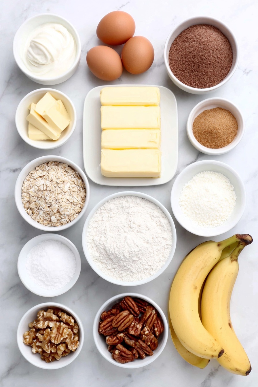 Moist Banana Bread, Banana Bread Recipe, Easy Banana Bread, Best Banana Bread, Homemade Banana Bread - Flat lay of a stick of softened butter on a simple white ceramic plate, two whole uncracked brown eggs, a small white bowl of packed brown sugar, a small white bowl of white granulated sugar, two medium ripe bananas peeled and sliced, a small white bowl of all-purpose flour, a small white bowl of finely ground old fashioned oats, a small white bowl of sour cream, a small white bowl of golden baking powder, a small white bowl of light beige baking soda powder, a small white bowl of coarse kosher salt crystals, a small white bowl with ground cinnamon, a small white bowl with ground nutmeg, a small white bowl with ground cloves, a small white ceramic dish of chopped toasted walnuts and pecans mixed together — all ingredients fresh and natural, arranged in perfect symmetry, realistic proportions, placed on a clean white marble surface, soft natural light, photo taken with an iPhone, professional food photography style, fresh ingredients, white ceramic bowls, no bottles, no duplicates, no utensils, no packaging --ar 2:3 --v 7 --p m7354615311229779997