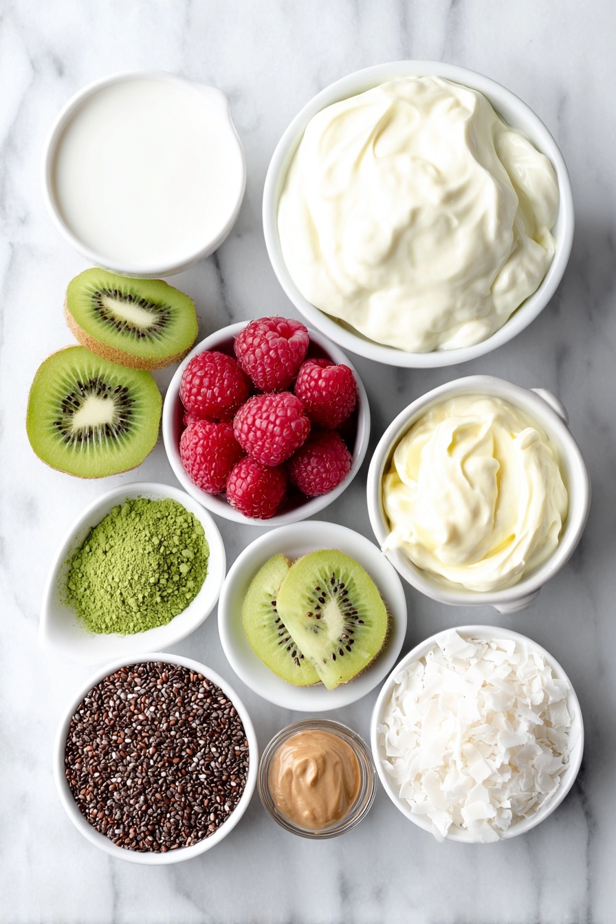 Matcha Chia Protein Pudding, healthy matcha chia pudding, quick nutritious breakfast, plant-based protein snack, vegan chia pudding with matcha - Flat lay of fresh creamy nonfat Greek yogurt in a simple white ceramic bowl, a small white bowl of smooth plant-based milk, a neat pile of glossy black chia seeds on the white surface, a small mound of vibrant green matcha powder, a small white bowl with light beige vanilla extract, a half scoop of fine vanilla whey protein powder shaped into a small mound, a few plump red raspberries, a couple of bright sliced strawberries, a few vibrant green kiwi slices arranged naturally, a small white bowl with creamy almond butter, a small white bowl filled with white coconut flakes, all perfectly arranged with balanced spacing and symmetry, placed on a clean white marble surface, soft natural light, photo taken with an iPhone, professional food photography style, fresh ingredients, white ceramic bowls, no bottles, no duplicates, no utensils, no packaging --ar 2:3 --v 7 --p m7354615311229779997