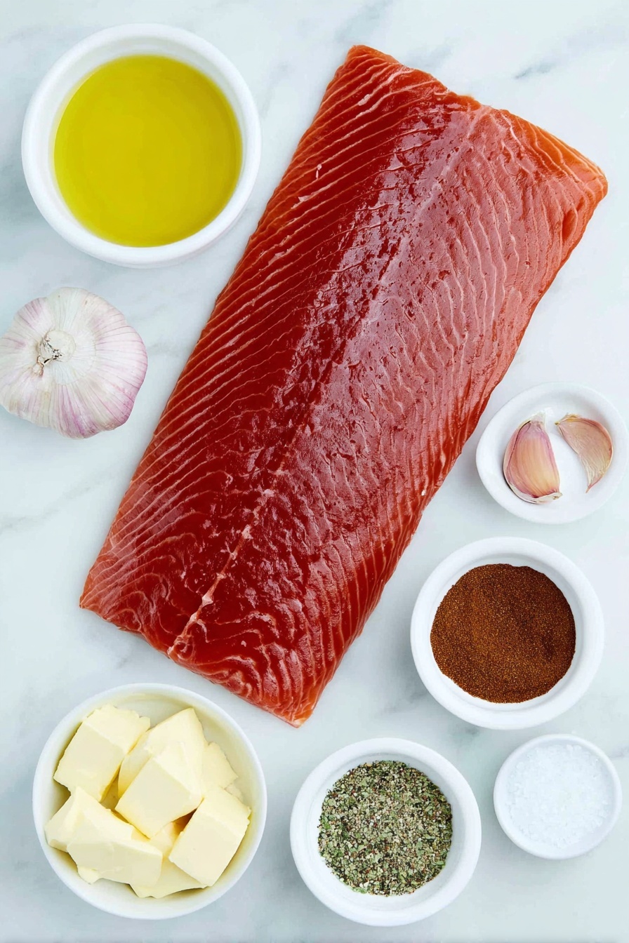 Oven Baked Salmon with Garlic and Herbs, healthy baked salmon, easy salmon dinner, flavorful seafood recipes, quick salmon meals - Flat lay of a large whole salmon fillet with skin on, a small white bowl of melted butter, two whole brown garlic cloves, a small white bowl of brown sugar, a small white bowl with a mix of Italian seasoning, ground paprika, garlic powder, salt, and ground black pepper, all arranged with perfect symmetry on a clean white marble surface, soft natural light, photo taken with an iPhone, professional food photography style, fresh ingredients, white ceramic bowls, no bottles, no duplicates, no utensils, no packaging --ar 2:3 --v 7 --p m7354615311229779997