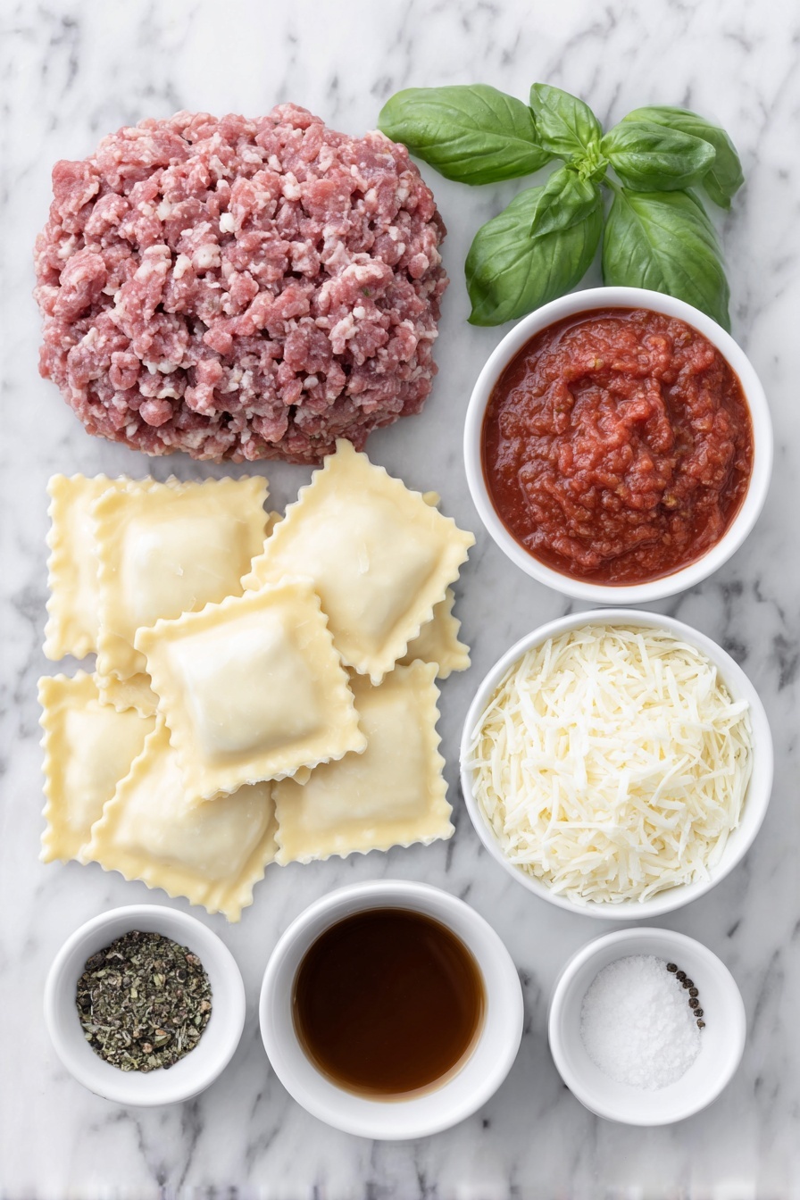 Cheese Ravioli Soup with Tomato Broth, ravioli soup recipe, easy tomato ravioli soup, comforting weeknight soup, quick cheese ravioli soup - Flat lay of fresh mini cheese ravioli, a small mound of raw ground beef, a few fresh basil leaves, a small white ceramic bowl of vibrant red tomato paste, a small white ceramic bowl filled with crushed tomatoes, a small white ceramic bowl of rich brown beef broth, a small white ceramic bowl of grated parmesan cheese, and small white ceramic bowls containing salt, black peppercorns, dried oregano, and garlic powder arranged symmetrically, placed on a clean white marble surface, soft natural light, photo taken with an iPhone, professional food photography style, fresh ingredients, white ceramic bowls, no bottles, no duplicates, no utensils, no packaging --ar 2:3 --v 7 --p m7354615311229779997