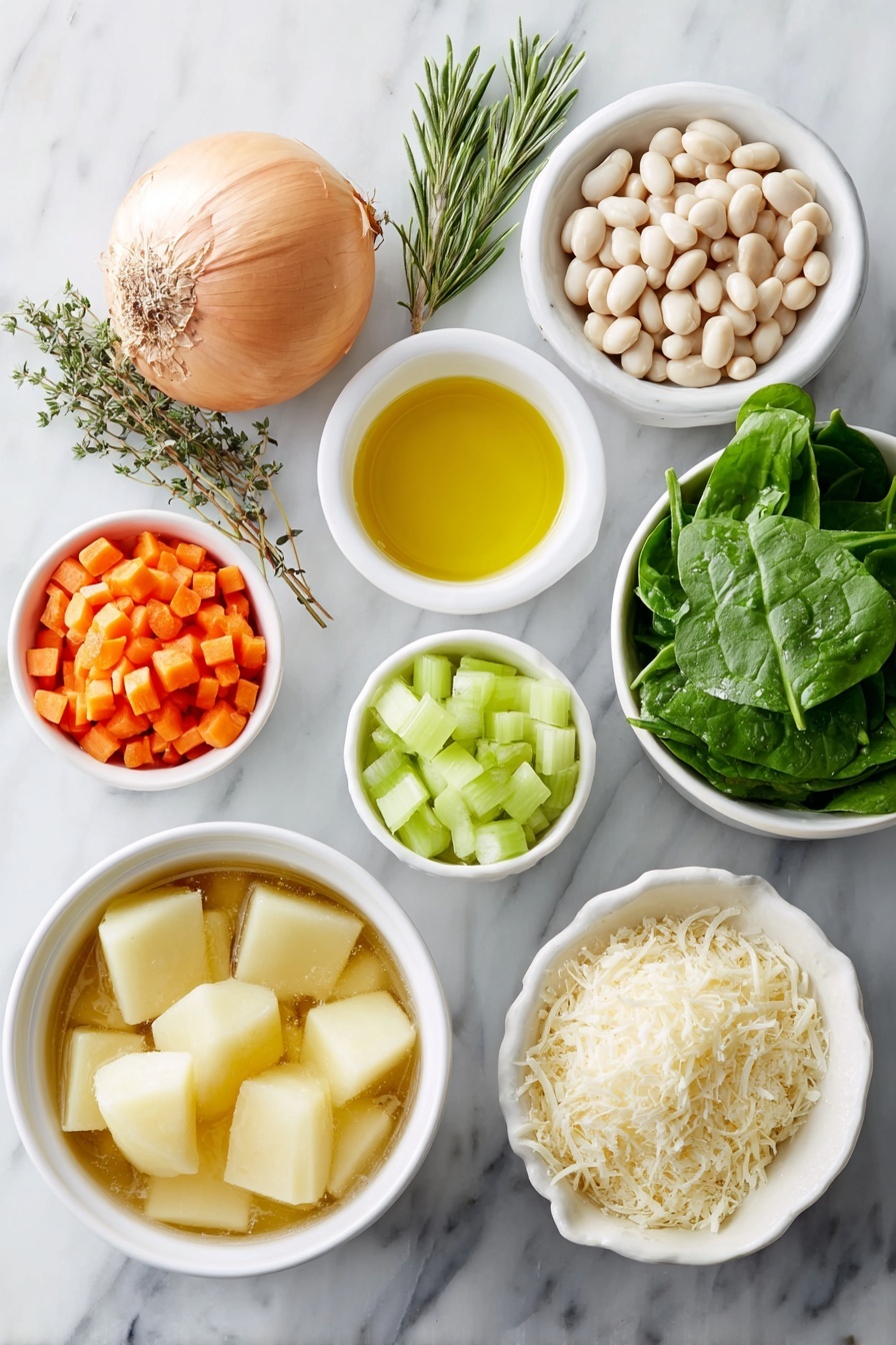 Creamy White Bean Soup, white bean soup recipe, healthy creamy bean soup, easy white bean soup, comforting bean soup - Flat lay of a small white ceramic bowl of golden olive oil, a medium whole yellow onion with dry papery skin, a few fresh cannellini beans scattered loose, a small white bowl filled with chopped bright orange carrots, a small white bowl holding chopped pale green celery, a small white bowl with diced creamy Yukon Gold potatoes, four whole unpeeled garlic cloves, a small white bowl of clear white wine, a few sprigs of fresh green thyme, a small bundle of fresh rosemary, a simple white ceramic bowl filled with rich golden chicken broth, a small bunch of fresh vibrant green spinach leaves, and a small white bowl with grated pale yellow parmesan cheese, all perfectly arranged with balanced symmetry, placed on a clean white marble surface, soft natural light, photo taken with an iPhone, professional food photography style, fresh ingredients, white ceramic bowls, no bottles, no duplicates, no utensils, no packaging --ar 2:3 --v 7 --p m7354615311229779997