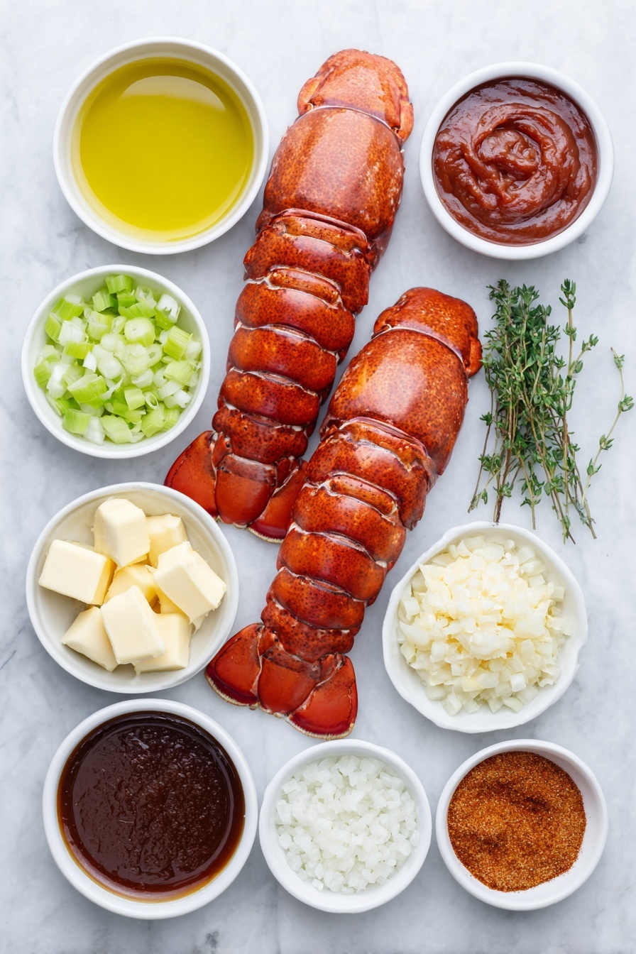 Creamy Lobster Bisque, lobster bisque recipe, seafood soup, luxurious lobster bisque, restaurant-quality lobster soup - Flat lay of two bright red cooked lobster tails with shells intact, a small mound of finely chopped white onion, a small pile of minced fresh garlic cloves, a few diced pale green celery stalks, a sprig of fresh green thyme, a small white ceramic bowl filled with clear pale yellow extra virgin olive oil, a small white ceramic bowl of deep red tomato paste, a small white ceramic bowl with smooth heavy cream, a small white ceramic bowl of golden butter cubes, a small white ceramic bowl containing translucent dry white wine, a small white ceramic bowl filled with reddish-brown Worcestershire sauce, a white ceramic bowl with rusty orange paprika powder, a white ceramic bowl with fine white pepper powder, all ingredients arranged symmetrically with balanced spacing, placed on a clean white marble surface, soft natural light, photo taken with an iPhone, professional food photography style, fresh ingredients, white ceramic bowls, no bottles, no duplicates, no utensils, no packaging --ar 2:3 --v 7 --p m7354615311229779997