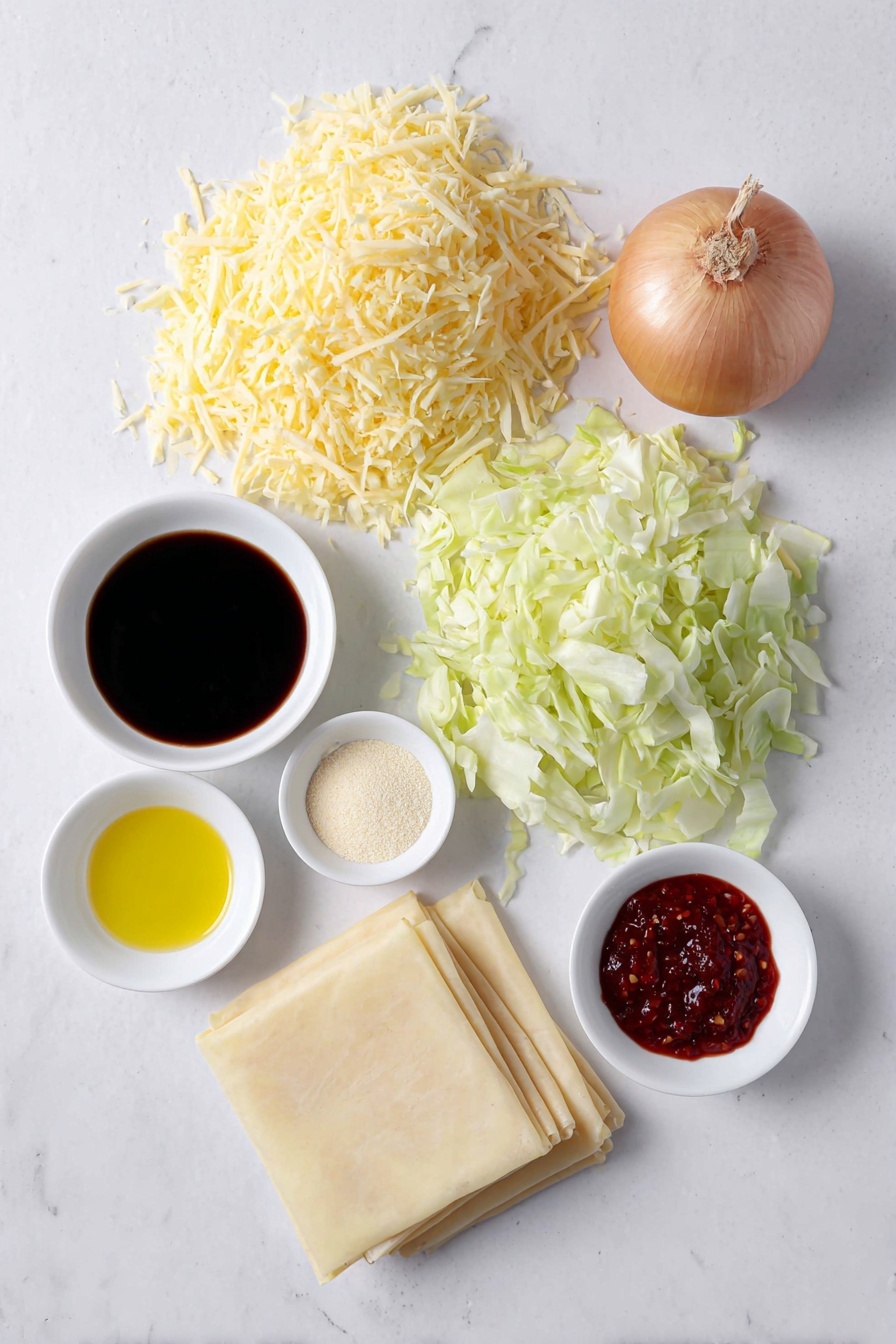 Vegetable Sweet Potato Spring Rolls, healthy spring rolls, veggie spring roll recipe, crispy vegetable rolls, vegan spring rolls - Flat lay of a small mound of freshly peeled and coarsely grated sweet potato, finely sliced quarter green cabbage, a whole brown onion unpeeled, a few teaspoons of garlic powder and onion powder neatly placed side by side, a small white bowl filled with dark vegetarian oyster sauce, another small white bowl with light soy sauce, a third small white bowl containing vegetarian fish sauce, a neat stack of thin, translucent spring roll wrappers arranged in a perfect square, a small white bowl with golden canola oil, and a small white bowl holding vibrant red sweet chili sauce, all arranged in perfect symmetry on a clean white marble surface, soft natural light, photo taken with an iPhone, professional food photography style, fresh ingredients, white ceramic bowls, no bottles, no duplicates, no utensils, no packaging --ar 2:3 --v 7 --p m7354615311229779997