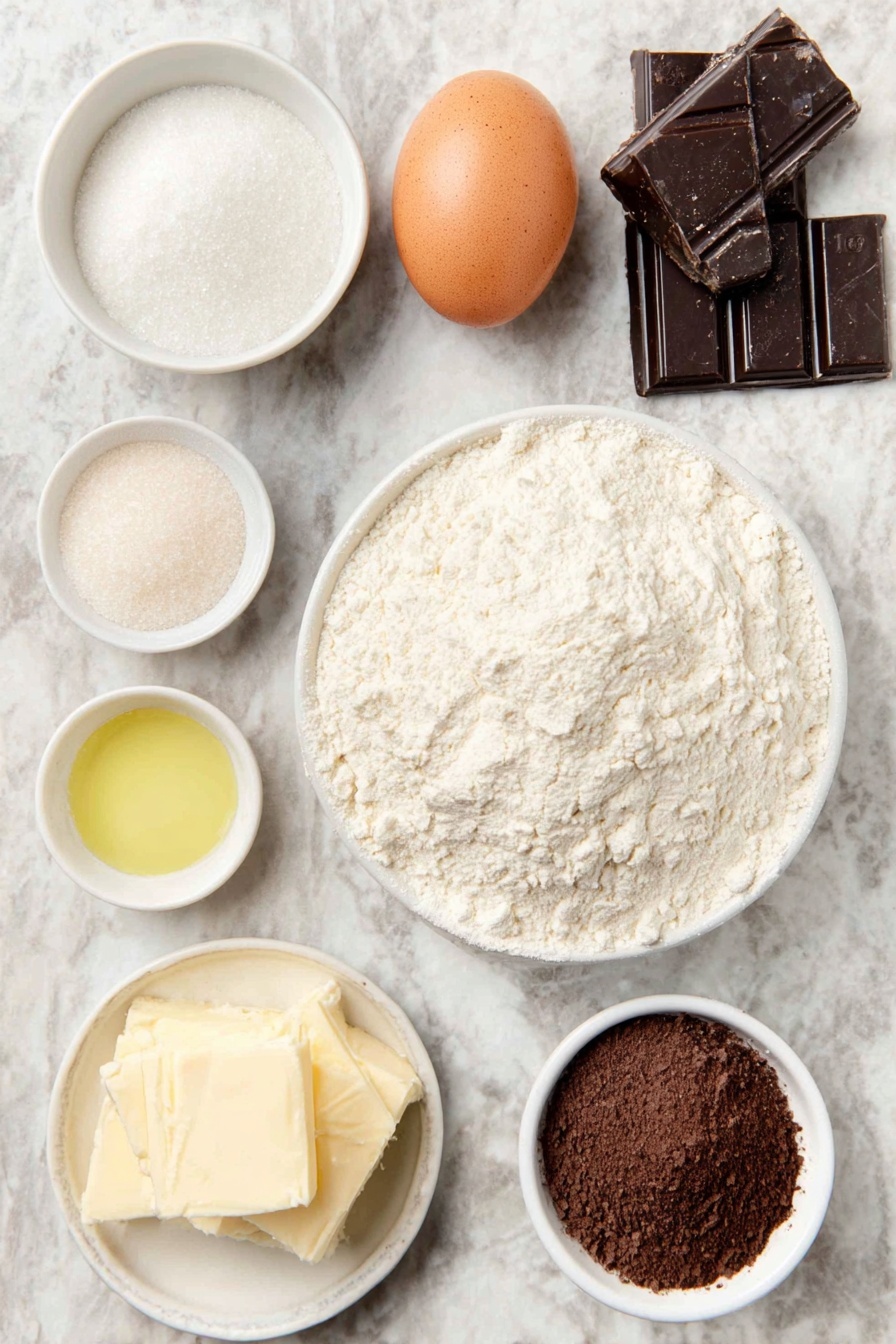 Chocolate Swirl Buns, chocolatey buns, easy sweet bread, homemade chocolate buns, soft buttery buns - Flat lay of a small white ceramic bowl of warm milk, a small white ceramic bowl of granulated sugar, a fresh uncracked large brown egg, a small white ceramic bowl of melted golden butter, a neat pile of white all-purpose flour, a small heap of fine white salt, a few chunks of glossy bittersweet chocolate, a small white ceramic bowl of softened yellow butter, a small white ceramic bowl of rich dark cocoa powder, a small white ceramic bowl of powdered sugar, a small white ceramic bowl of golden cooking oil placed in perfect symmetry, all arranged on a clean white marble surface, soft natural light, photo taken with an iPhone, professional food photography style, fresh ingredients, white ceramic bowls, no bottles, no duplicates, no utensils, no packaging --ar 2:3 --v 7 --p m7354615311229779997